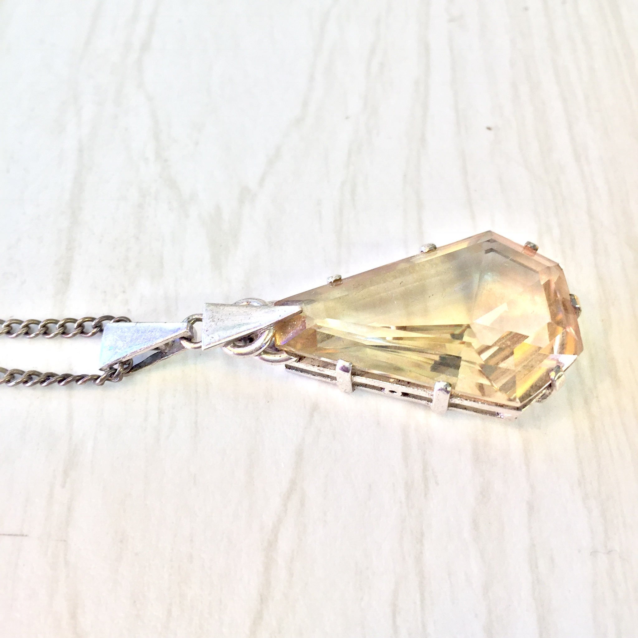 Art Deco Style Necklace with Smoky Quartz Pendant | Large Smoky Quartz Pendant | Vintage Jewelry | Long Chain Necklace | Holiday Gift Idea