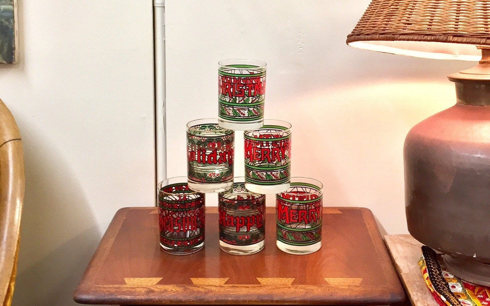 Vintage Stained Glass Cera Houze Tumblers | Low Ball Glass Tumbler | Happy Holidays | Season's Greetings | Merry Christmas | 1980's Houze