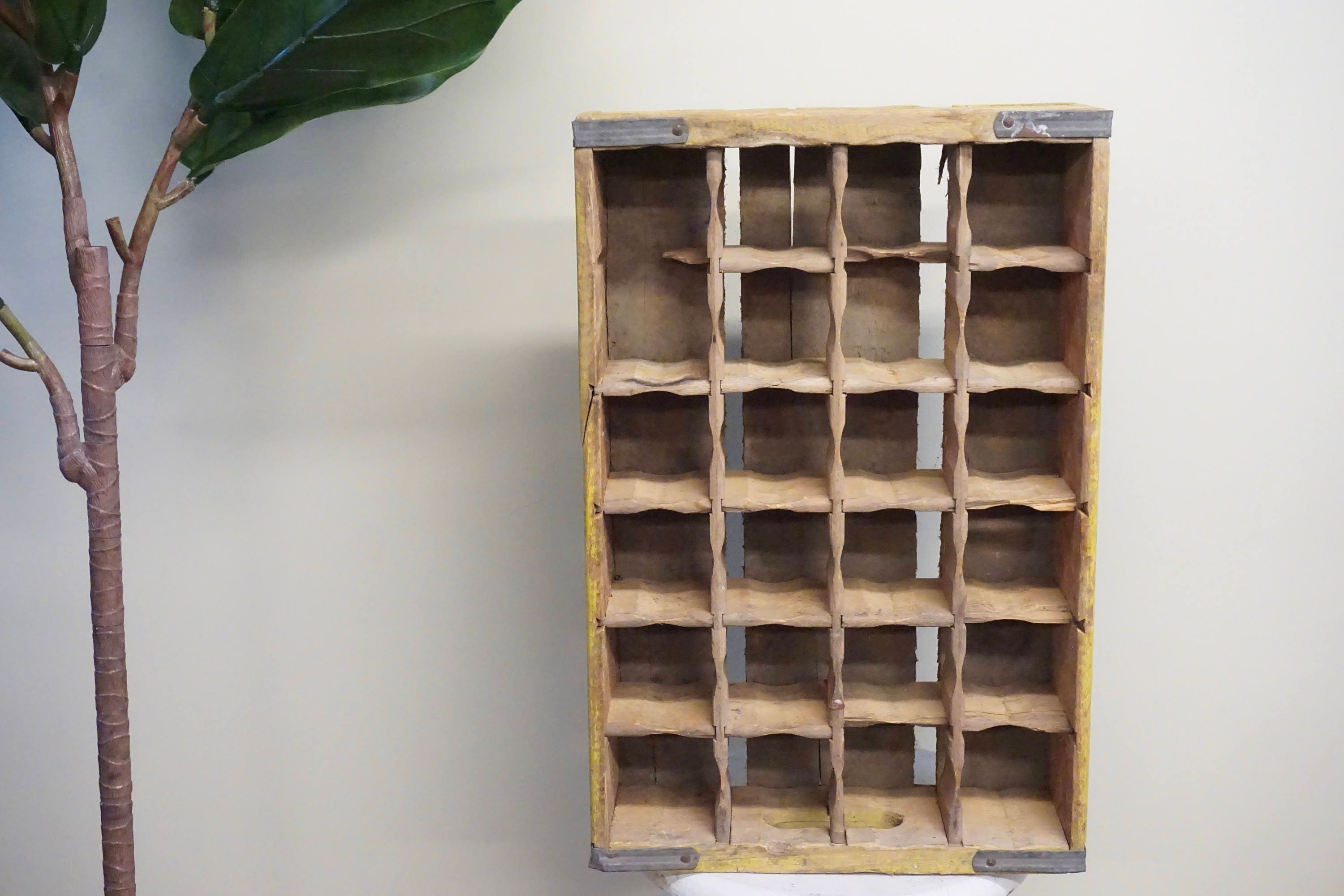 Vintage wooden Coca-Cola bottle crate with 24 compartments mounted on white wall next to green plant