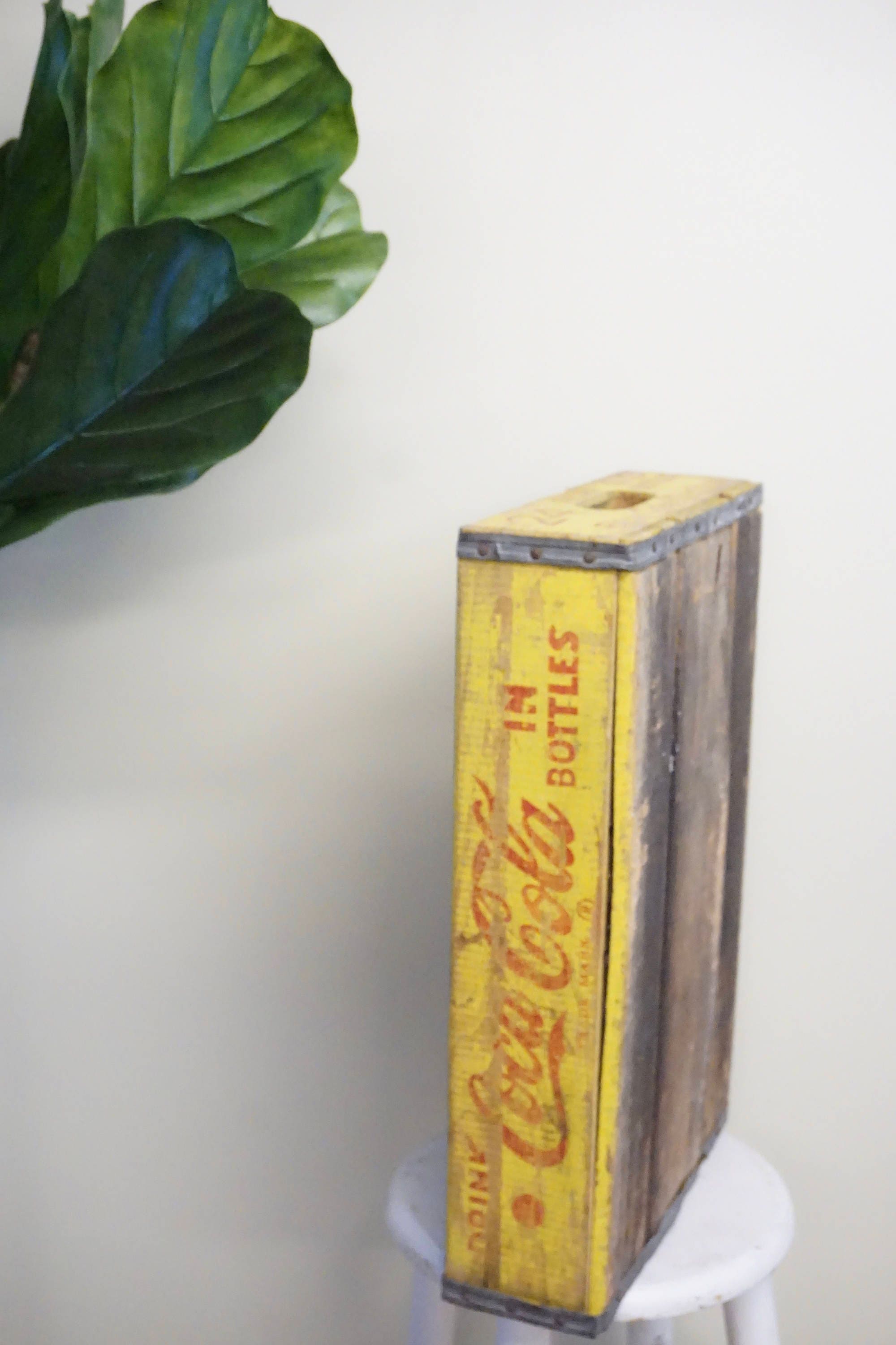 Vintage wooden Coca-Cola bottle crate with yellow and red logo next to green plant leaves