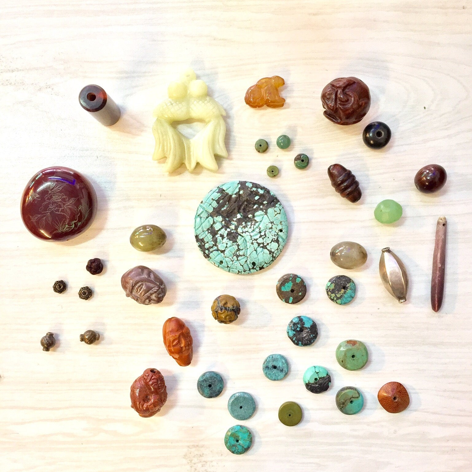 Lot of Mixed Crafting Beads | Jewelry Supply | Crafting Supplies | Jade Beads | Turquoise Beads | Wood Carved Beads | Glass Beads | Silver
