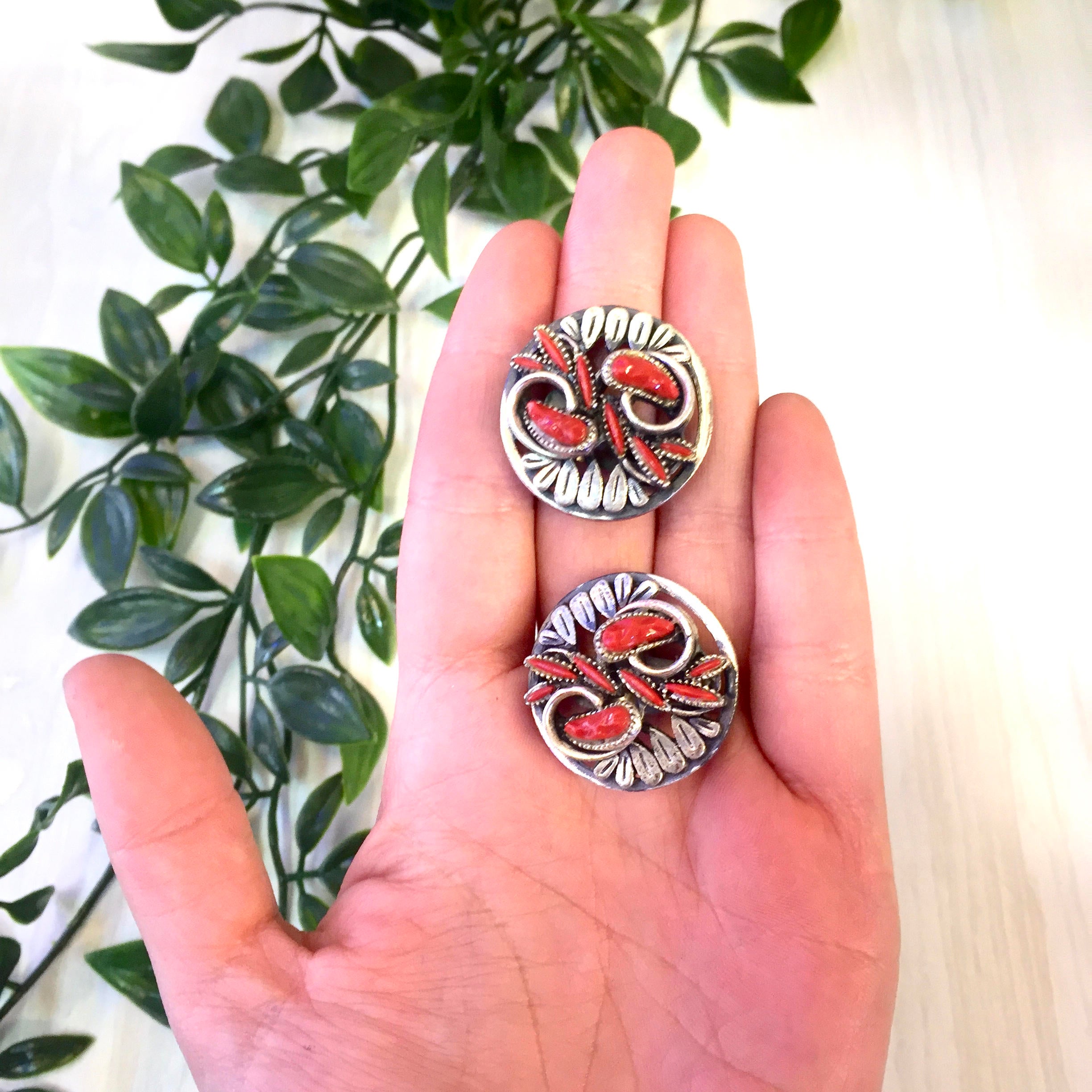 Vintage 1970's Clip On Earrings | Metal Earrings | Clip On Earrings | Vintage Fashion | Red Stones | Holiday Gift Idea | Statement Jewelry