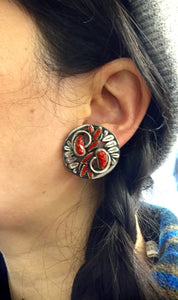 Vintage 1970's Clip On Earrings | Metal Earrings | Clip On Earrings | Vintage Fashion | Red Stones | Holiday Gift Idea | Statement Jewelry
