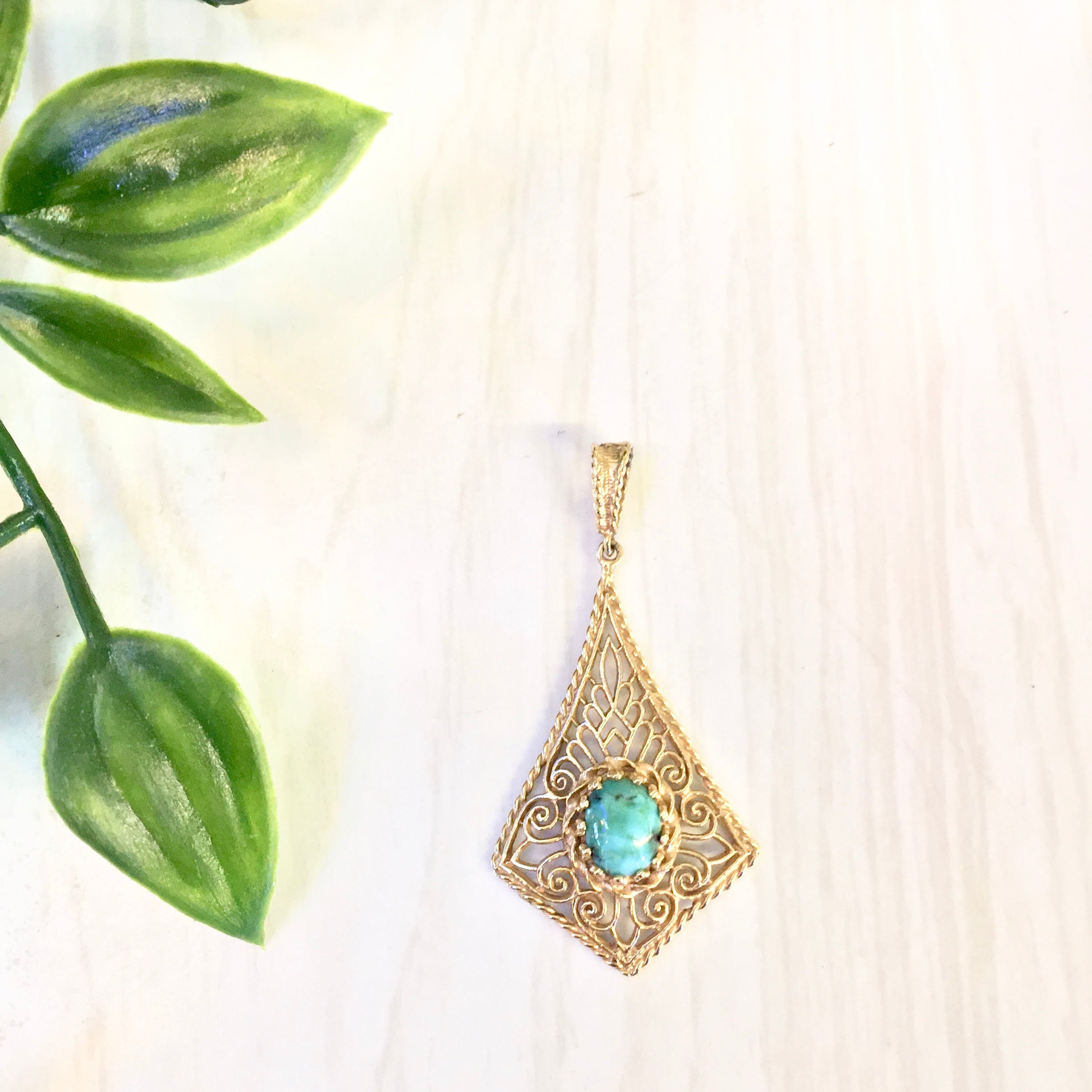 14K Yellow Gold and Turquoise Pendant | Vintage Gold Pendant | Turquoise Jewelry | 14 Karat Yellow Gold | Filagree Pendant | Fine Jewelry