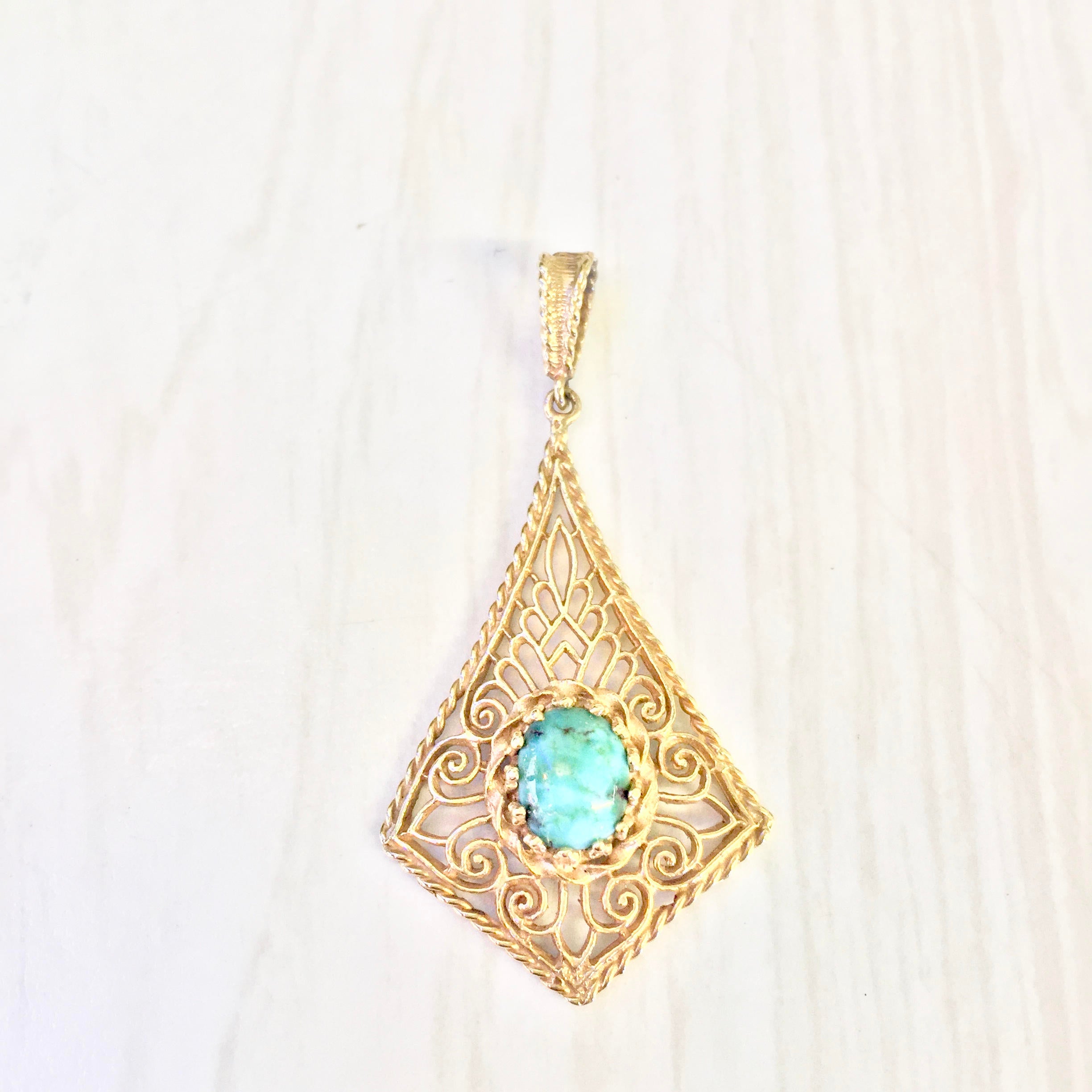 14K Yellow Gold and Turquoise Pendant | Vintage Gold Pendant | Turquoise Jewelry | 14 Karat Yellow Gold | Filagree Pendant | Fine Jewelry