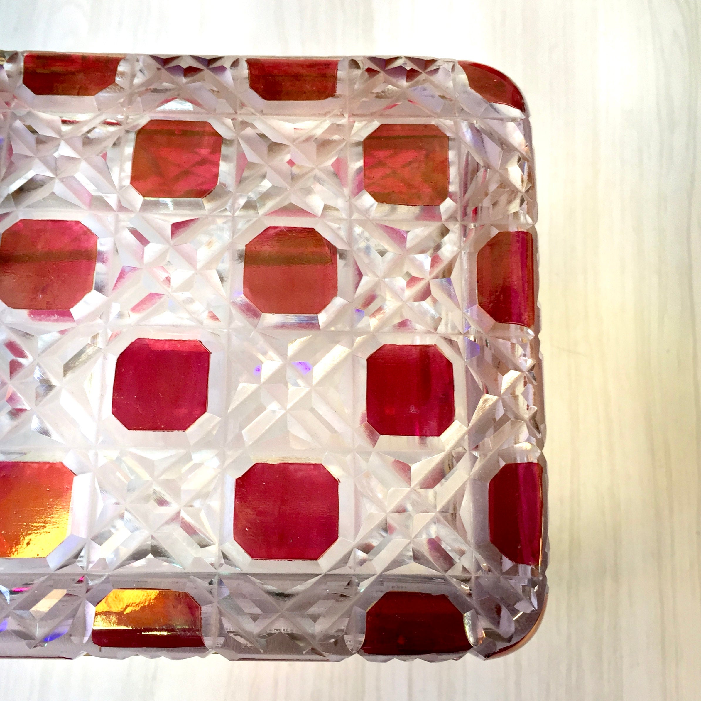 Vintage Leaded Glass Box with Lock | Glass Jewelry Box with Lock | Box With Brass Detail | Brass Foot Box | Red Box | Cut Glass | Gift Idea