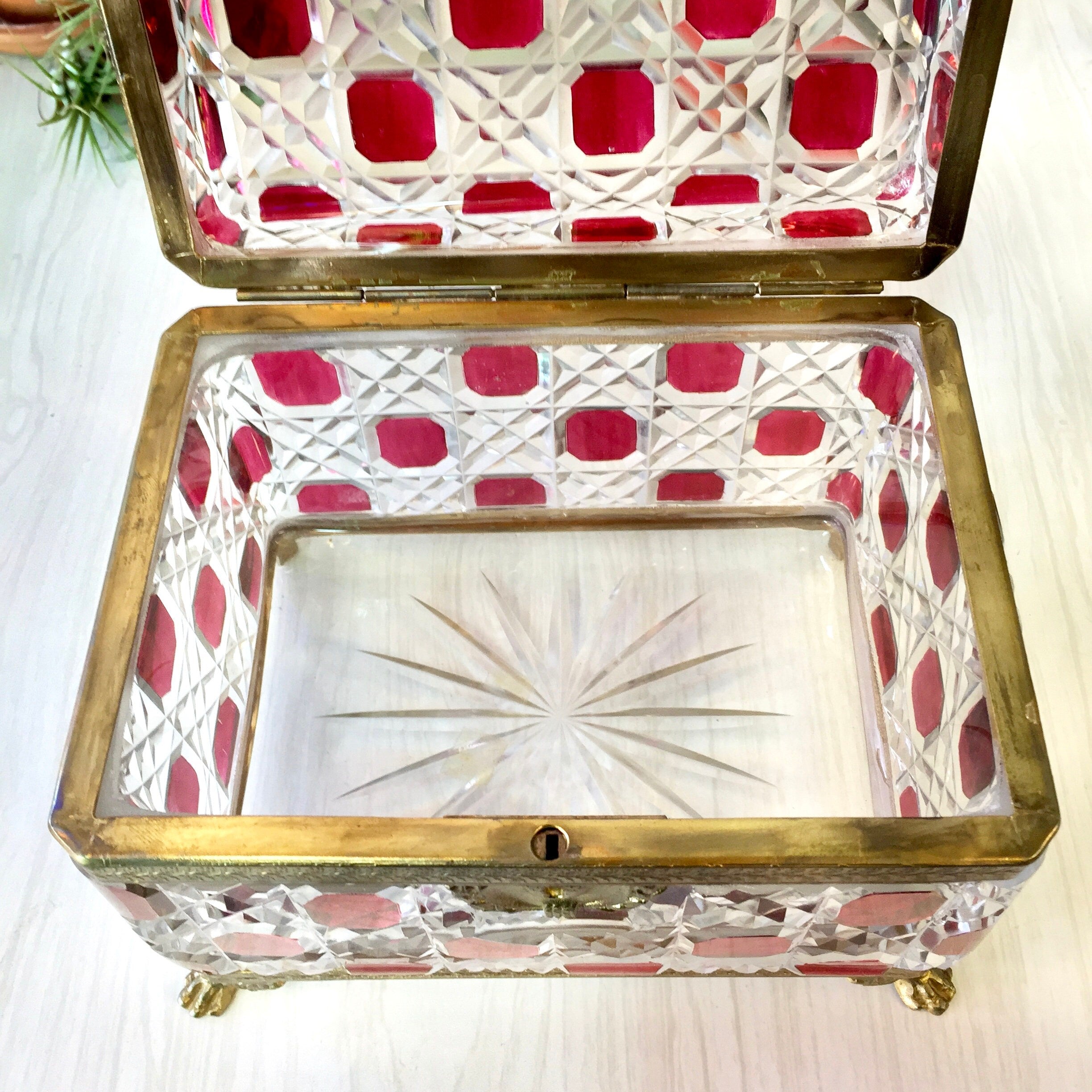 Vintage Leaded Glass Box with Lock | Glass Jewelry Box with Lock | Box With Brass Detail | Brass Foot Box | Red Box | Cut Glass | Gift Idea