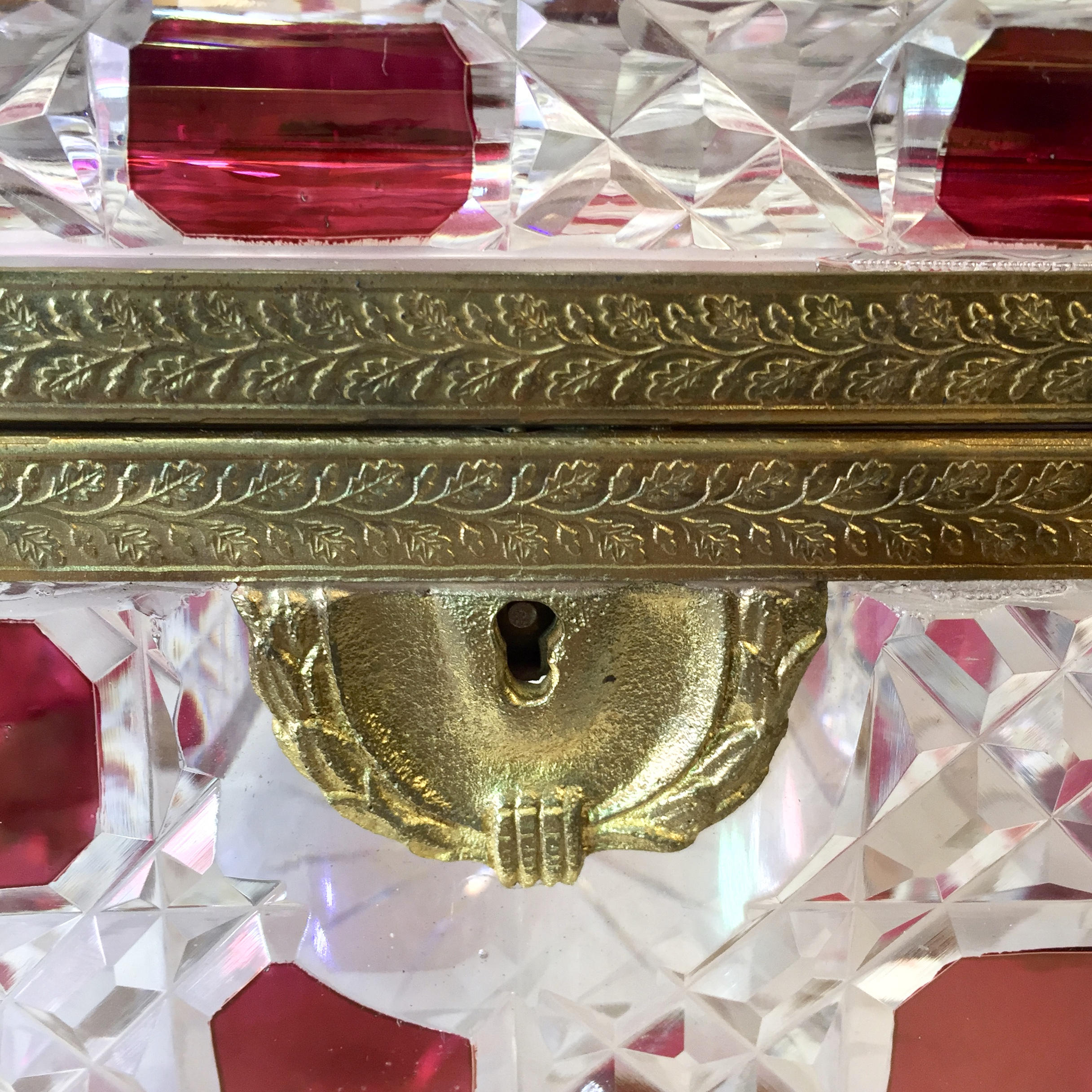 Vintage Leaded Glass Box with Lock | Glass Jewelry Box with Lock | Box With Brass Detail | Brass Foot Box | Red Box | Cut Glass | Gift Idea