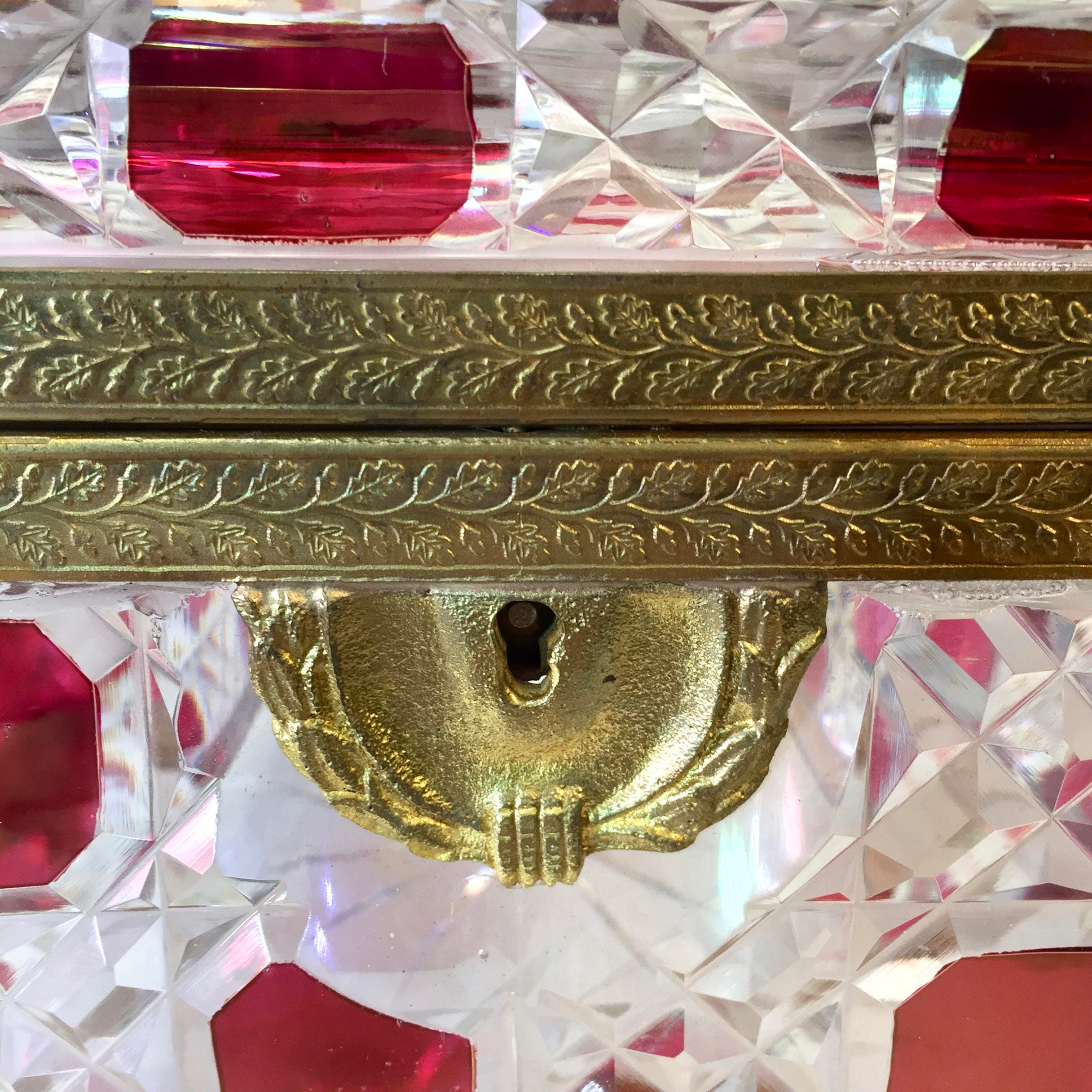 Vintage Leaded Glass Box with Lock | Glass Jewelry Box with Lock | Box With Brass Detail | Brass Foot Box | Red Box | Cut Glass | Gift Idea