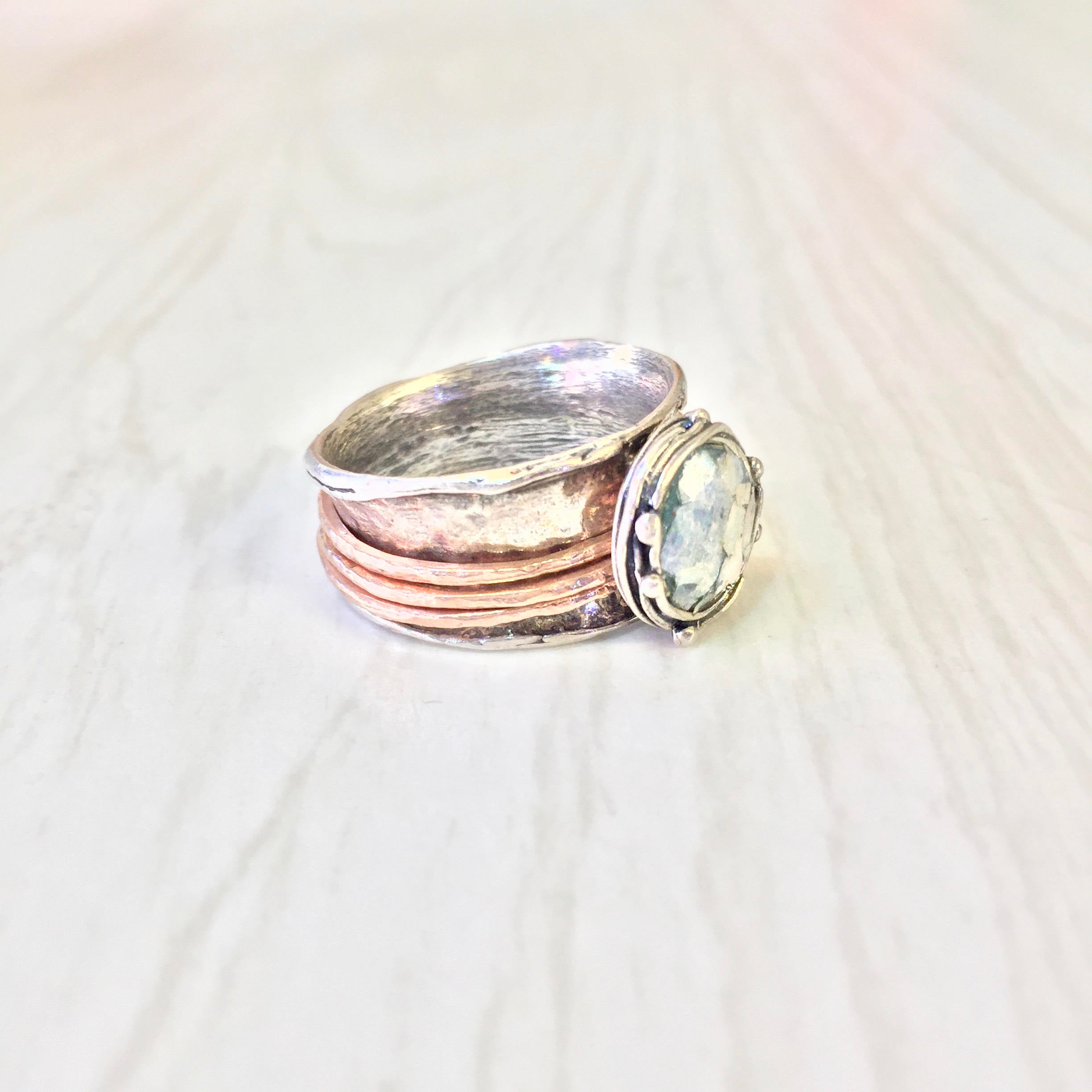Vintage Sterling Silver Spinner Ring | Meditation Ring | Copper Detail | Hammered Sterling Silver Ring | Natural Stone Jewelry |Spinner Ring