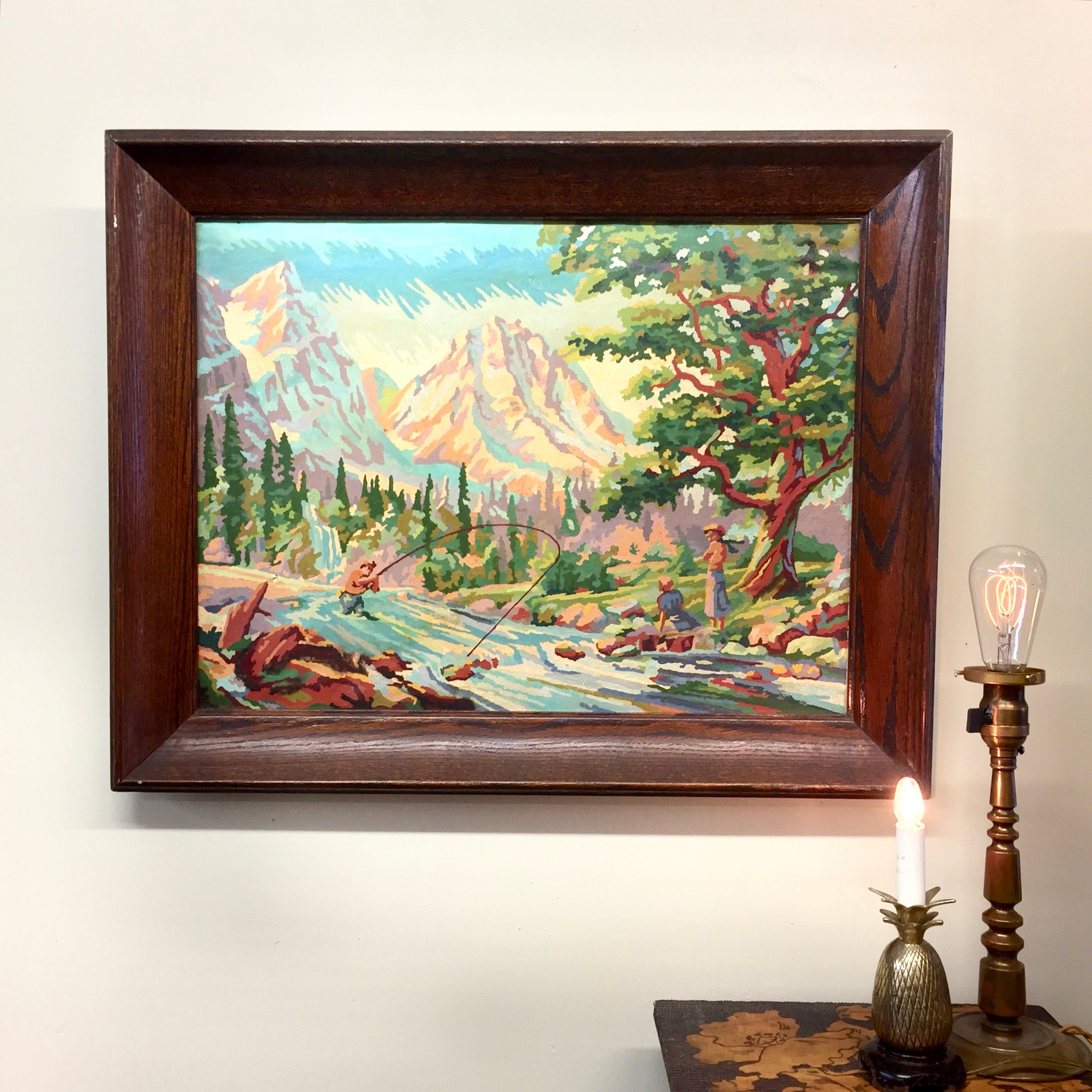 Large Vintage Paint By Numbers Oil Painting | DIY Artwork | Framed Paint By Numbers | Fishing Painting | Oil Painting | Wood Frame |Mountain