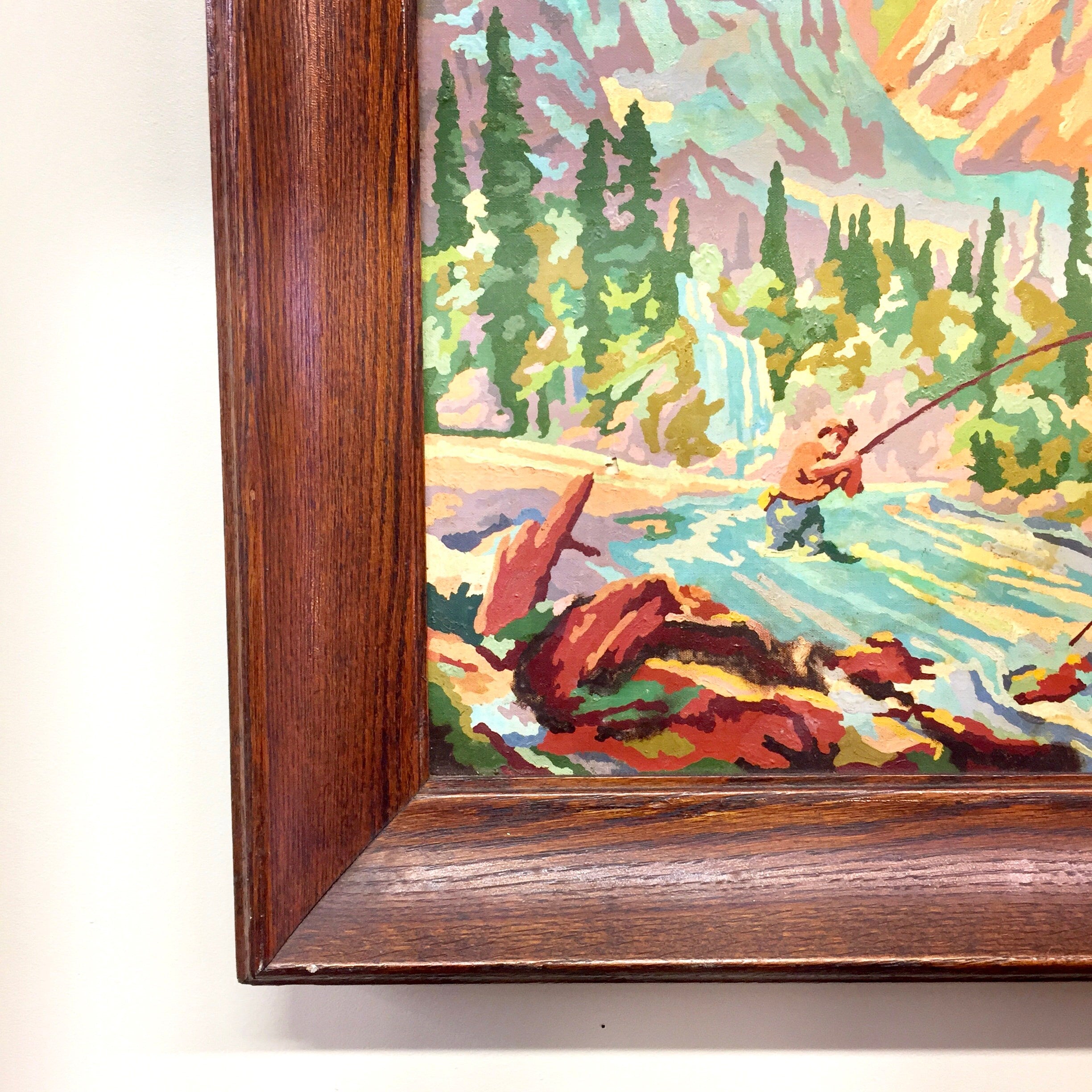 Large Vintage Paint By Numbers Oil Painting | DIY Artwork | Framed Paint By Numbers | Fishing Painting | Oil Painting | Wood Frame |Mountain