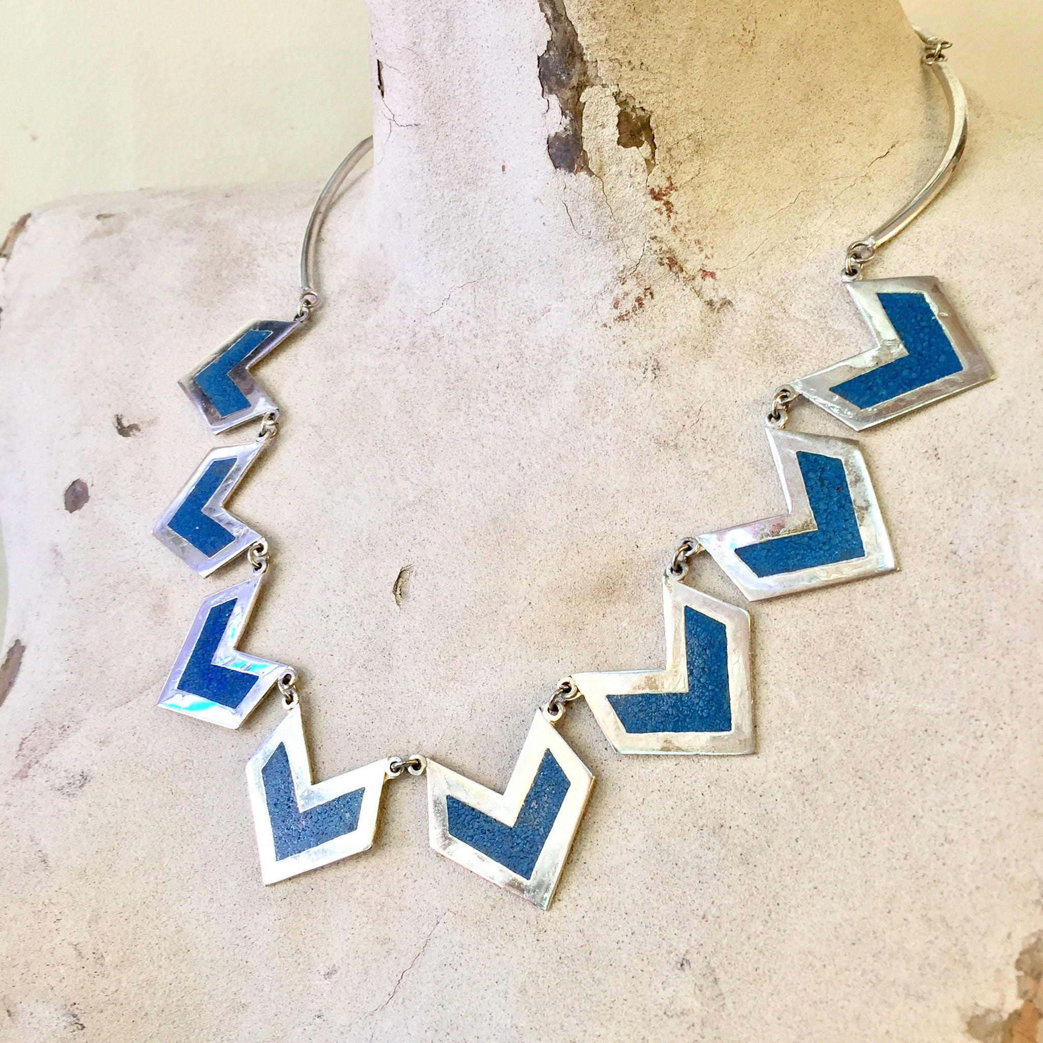 Turquoise and Sterling Silver Necklace | Inlaid Turquoise Necklace | Chevron Pattern Necklace | Statement Jewelry | Gift for Her | Blue |