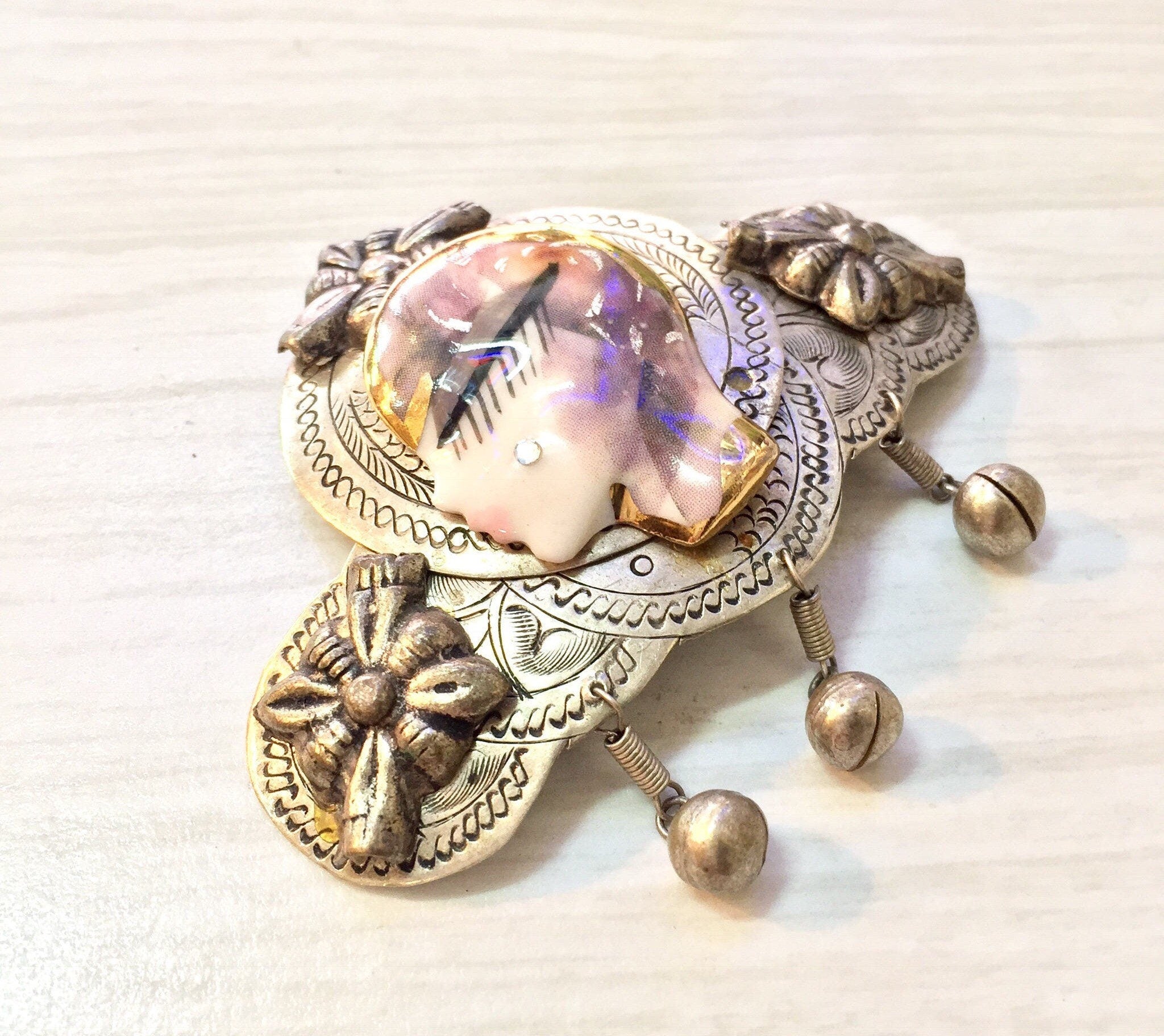 Vintage Costume Jewelry | Vintage Brooch | Pin | Statement Jewelry | Flapper Woman | Painted Lady Face Pin | Gift For Her |