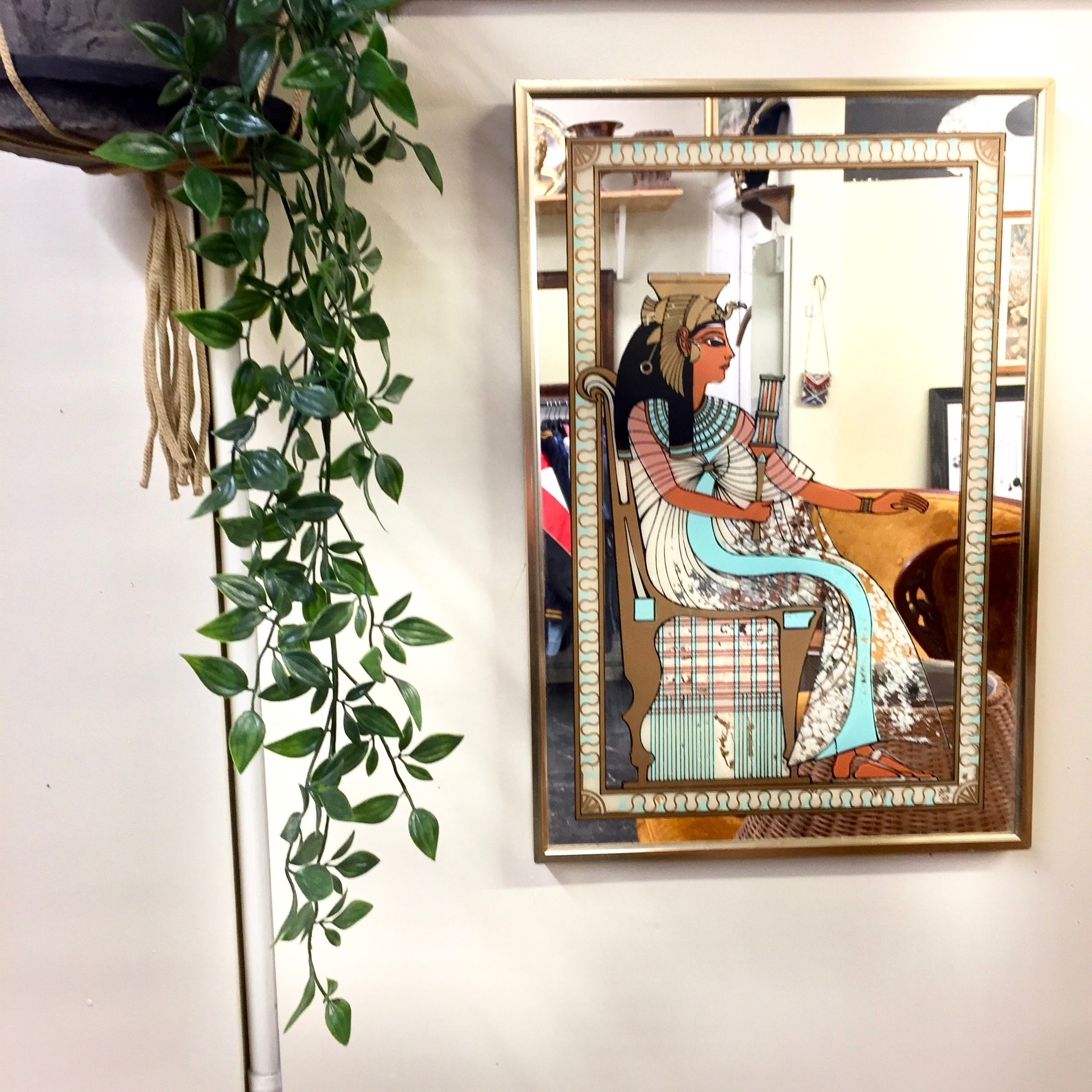 Vintage Mirror with Egyptian Decal | Egyptian Style Mirror | Egyptian Goddess Mirror | Egyptian Home Decor | Vintage Wall Decor | Gift Idea