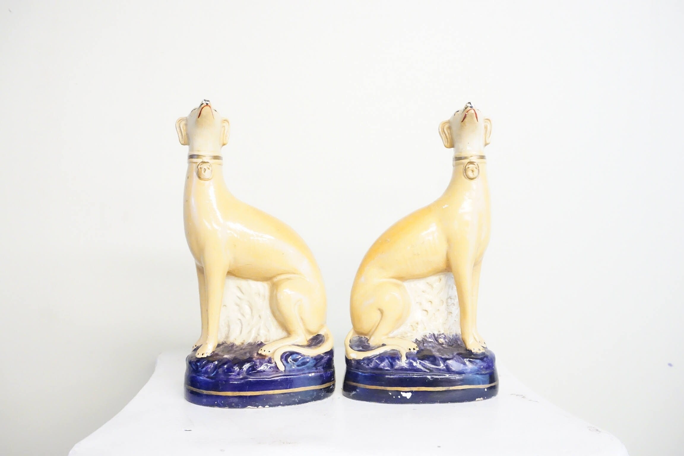Antique bookends | greyhounds | Mantle piece | 1800s | ceramic dog | dog lover gift | vintage | cobalt and white | books | bookends | dogs