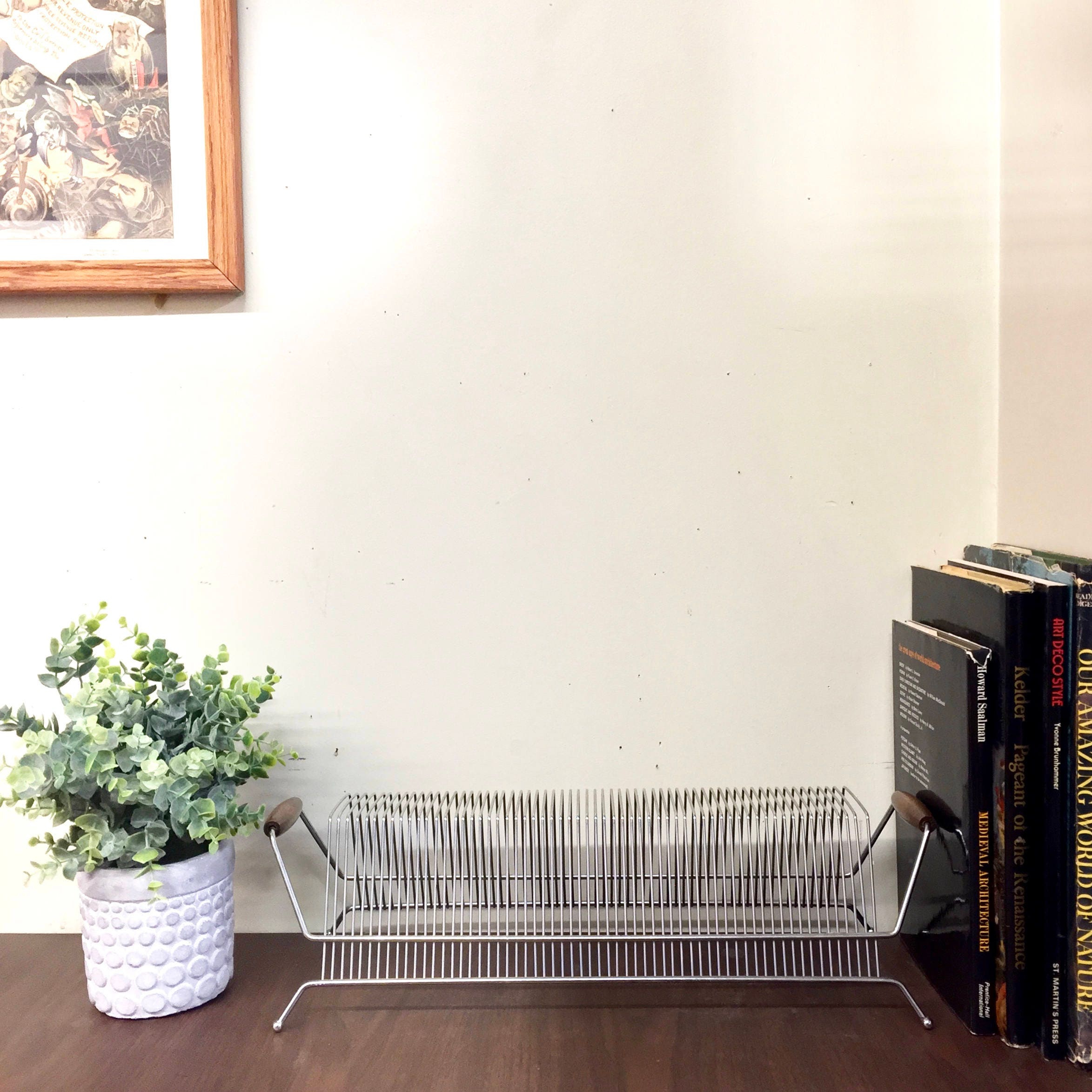Vintage Wire Record Rack | MCM Record Rack | Metal Record Holder | Wooden Handles | Midcentury Modern Record Holder | MCM Home Decor | Rack