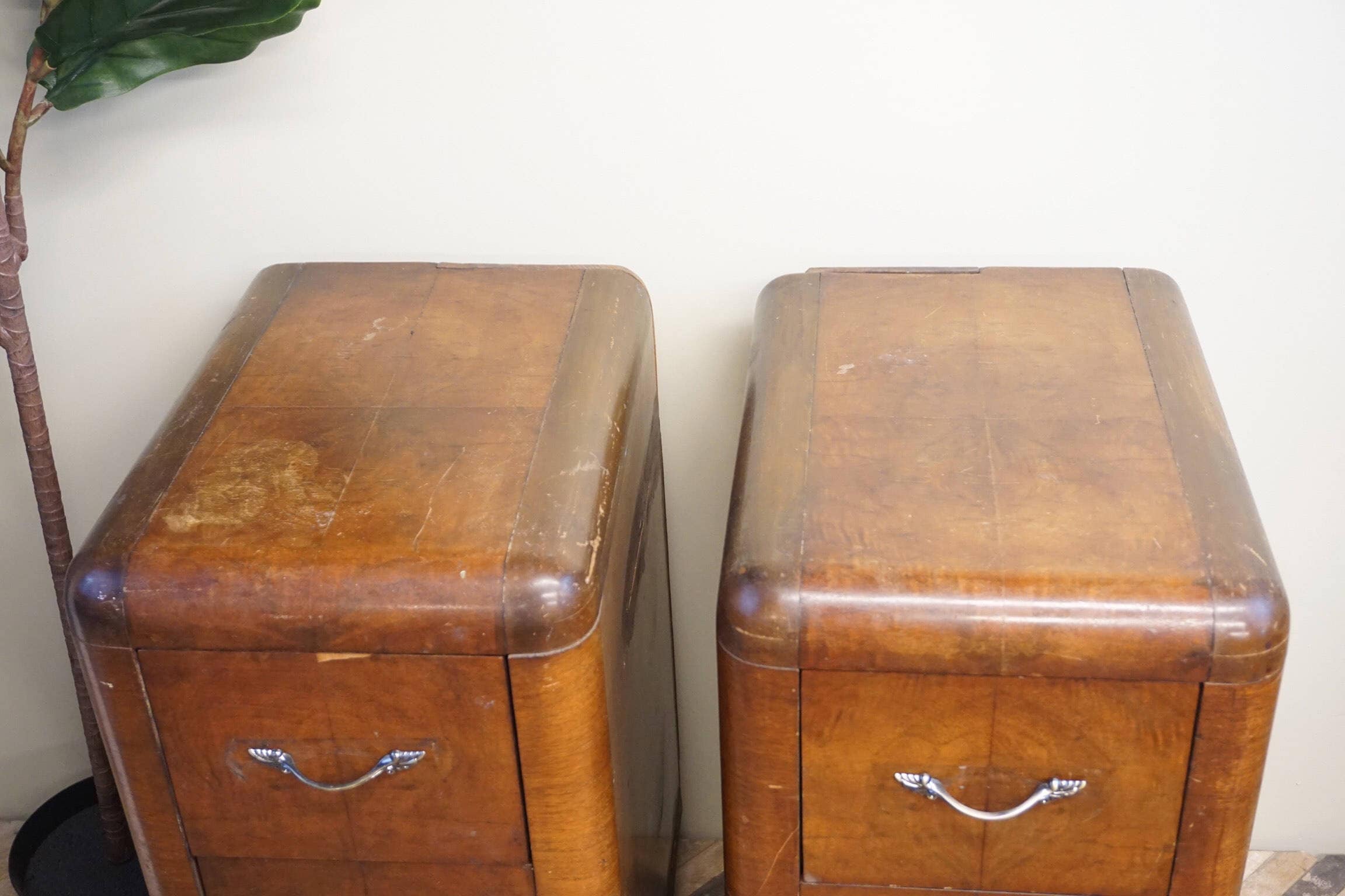 Vintage Art Deco night stands end tables retro wooden beveled edges drawers