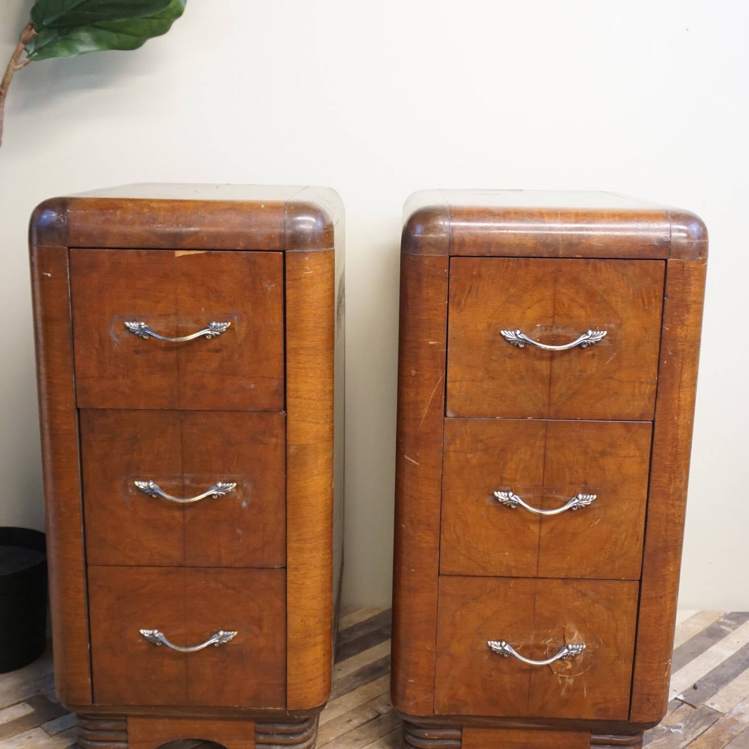 Vintage Art Deco night stands end tables retro wooden beveled edges drawers