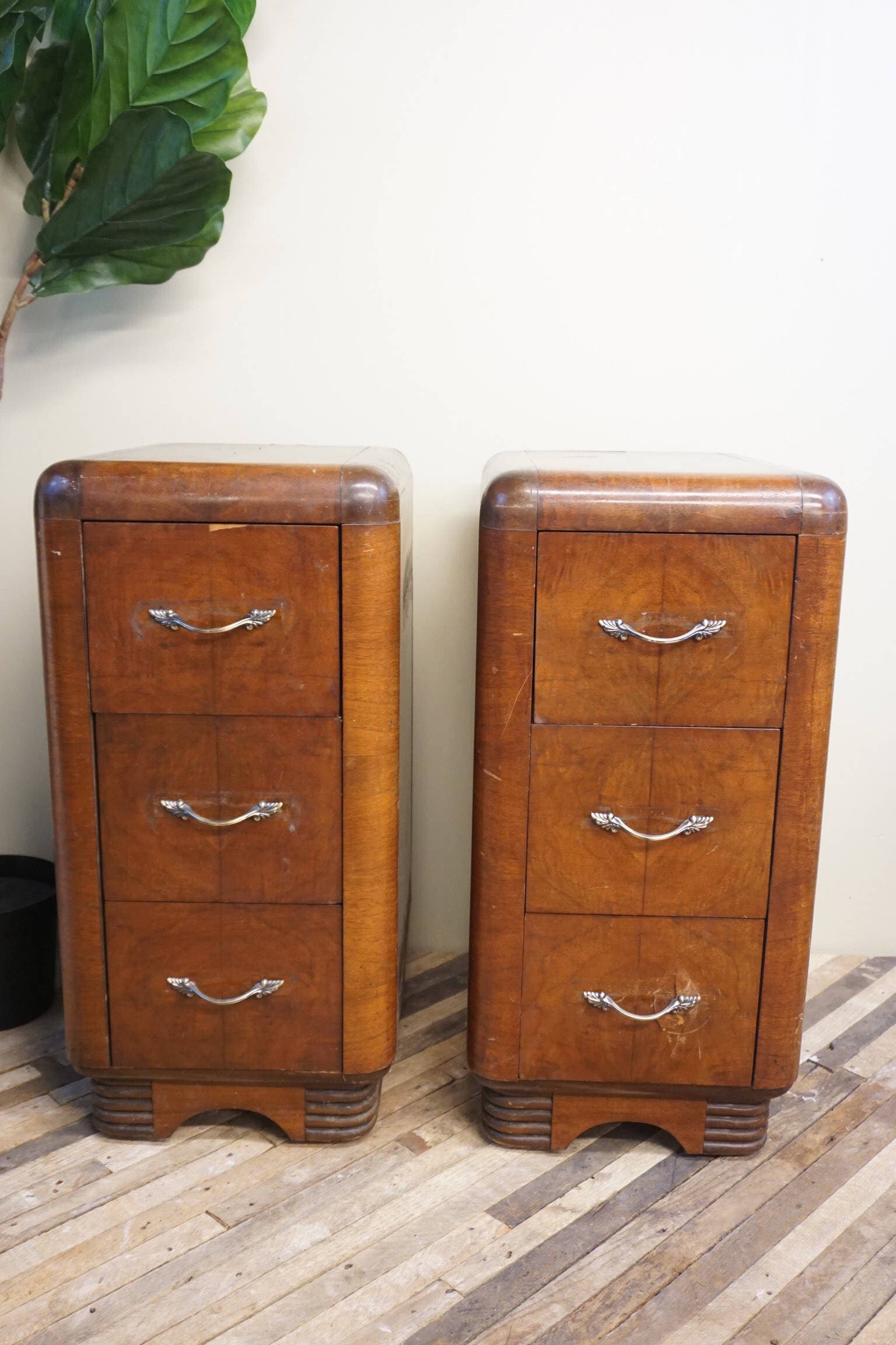 Vintage Art Deco night stands end tables retro wooden beveled edges drawers