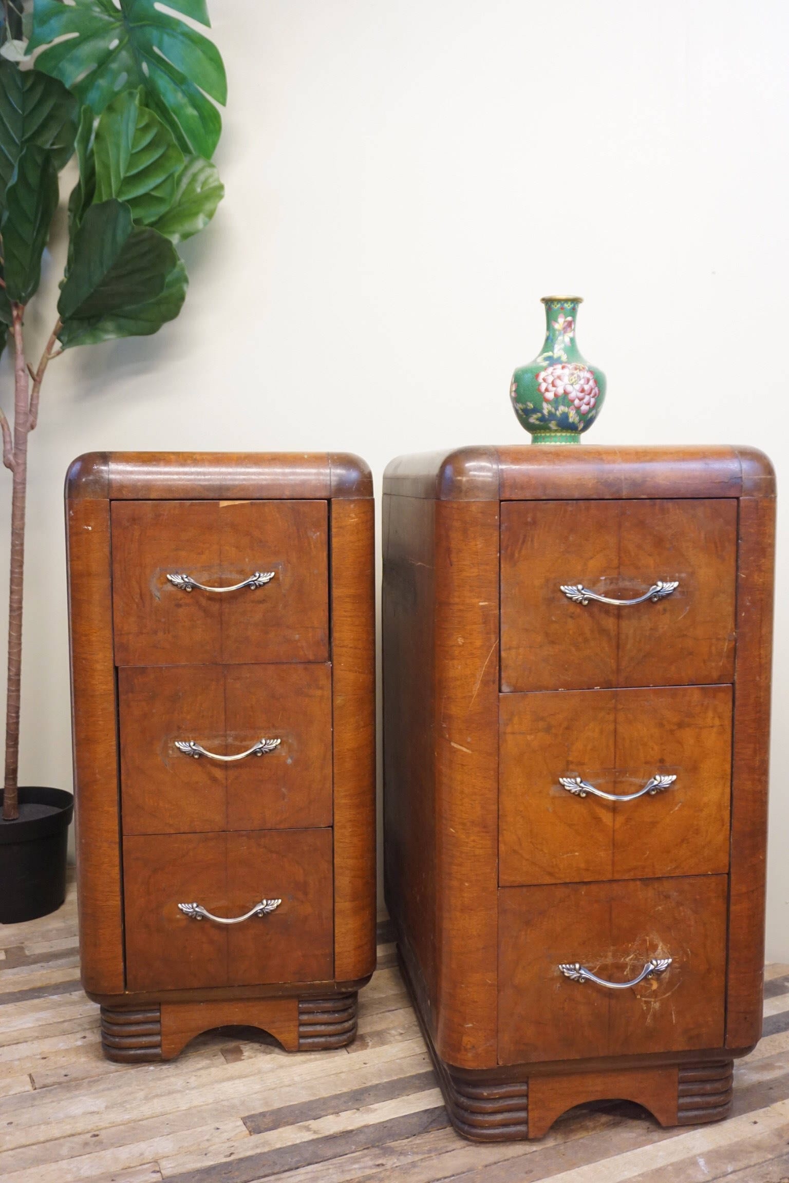 Vintage Art Deco night stands end tables retro wooden beveled edges drawers