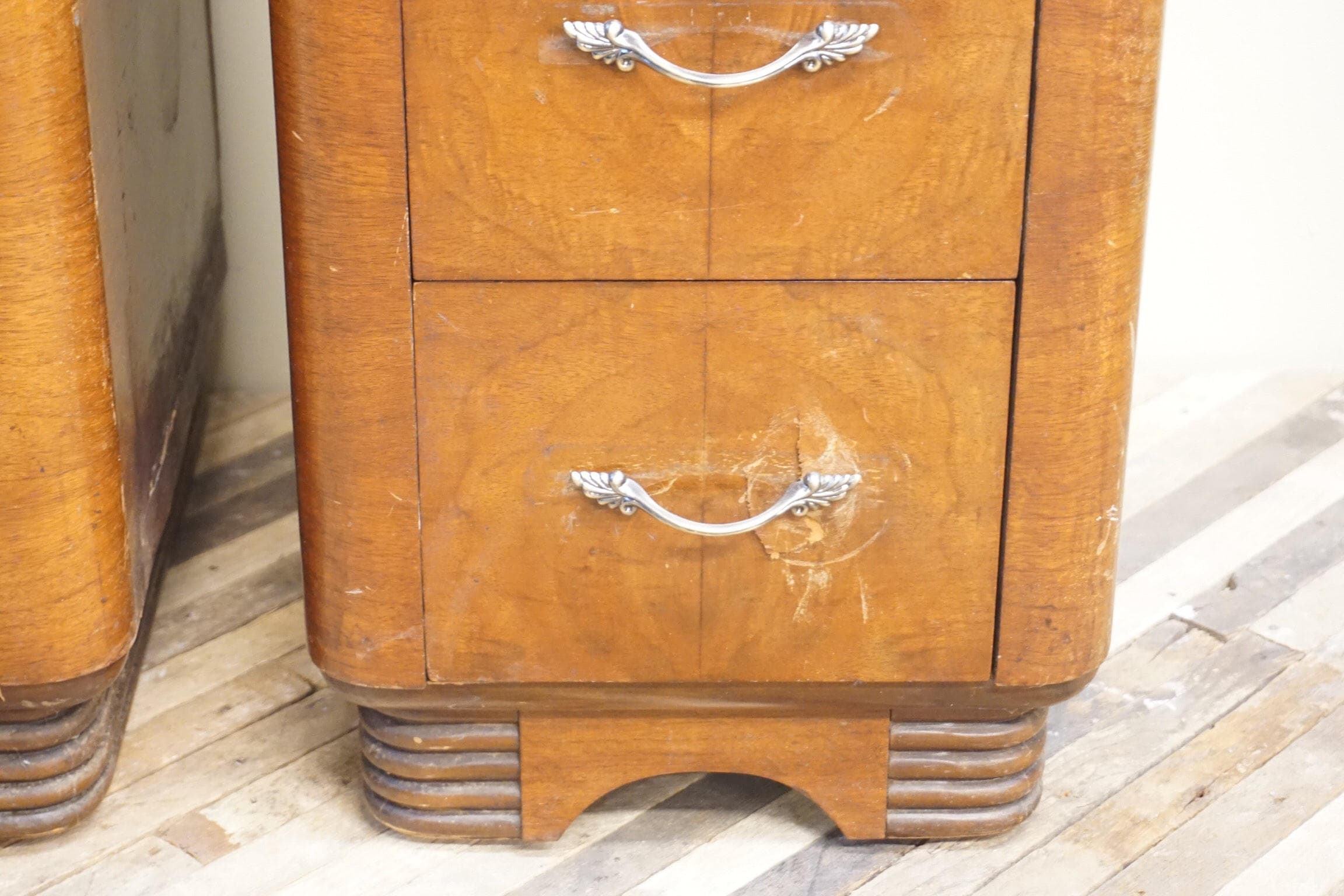 Vintage Art Deco night stands end tables retro wooden beveled edges drawers