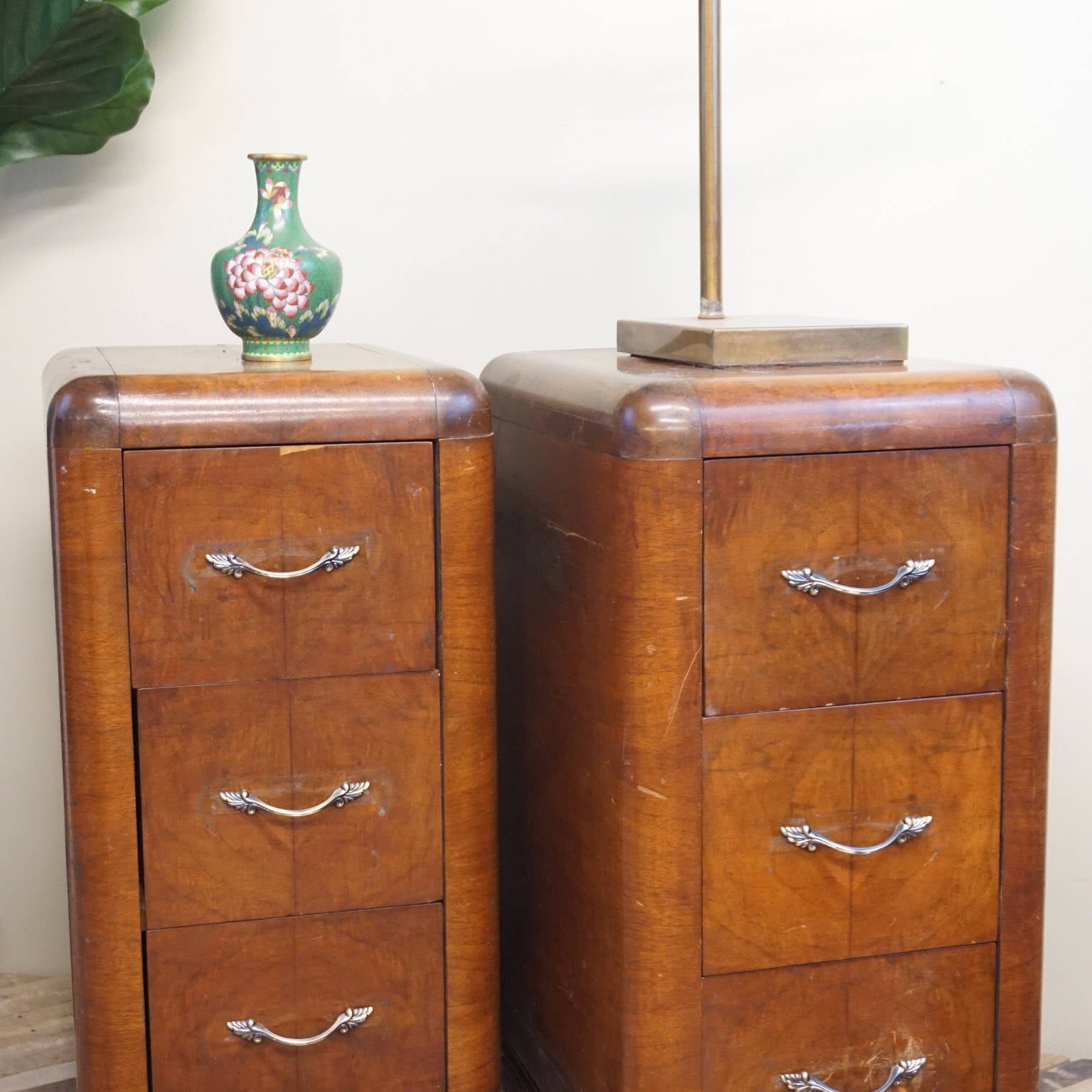 Vintage Art Deco night stands end tables retro wooden beveled edges drawers