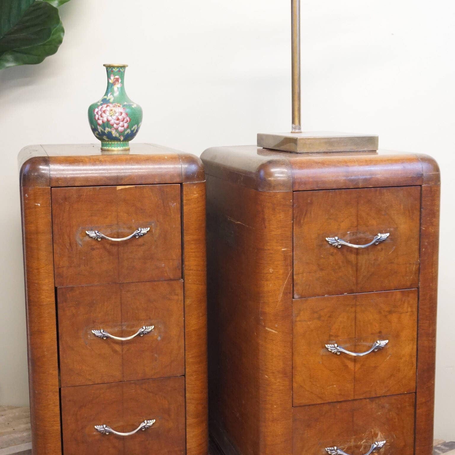 Vintage Art Deco night stands end tables retro wooden beveled edges drawers