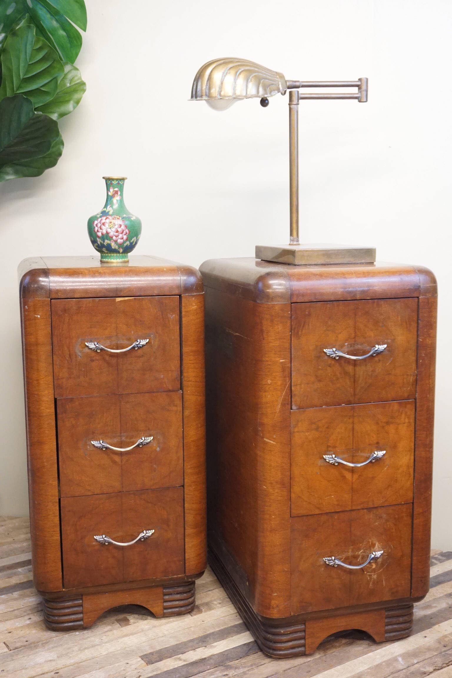 Vintage Art Deco night stands end tables retro wooden beveled edges drawers