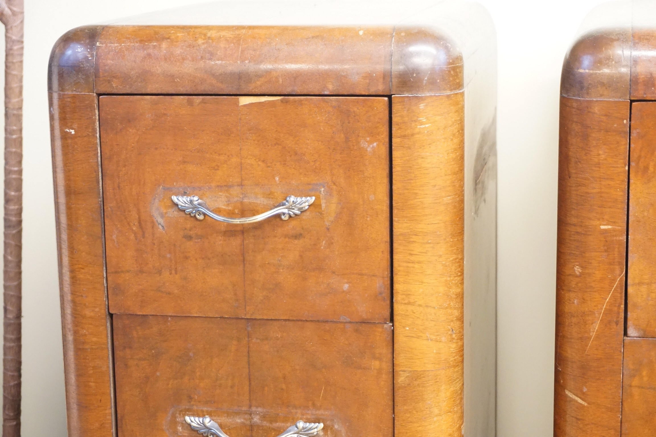 Vintage Art Deco night stands end tables retro wooden beveled edges drawers