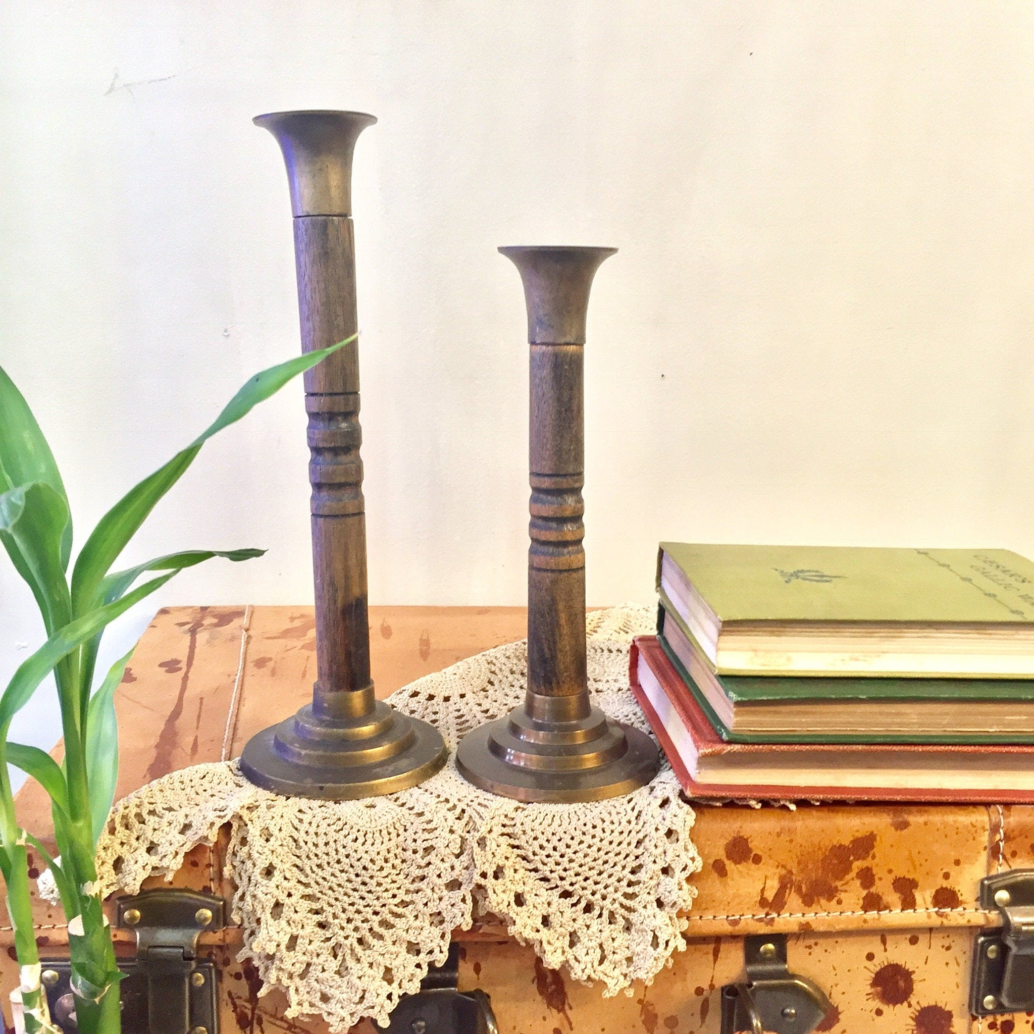 Brass and Wooden Candlestick Holders | Carved Wood Candlesticks | Brass | Vintage Home Decor | Boho Home | Bohemian Style | Candles | Gift