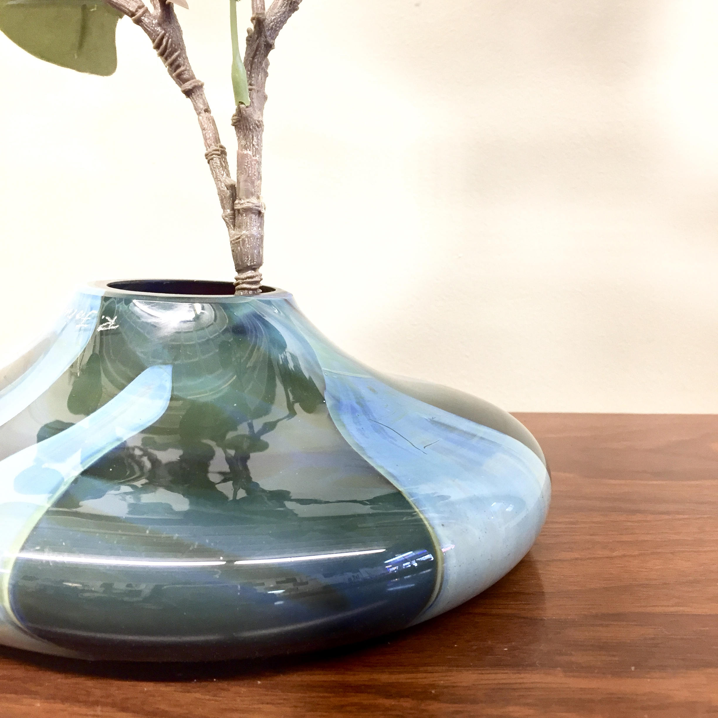 Vintage Art Glass Vase | Art Glass | Green and Blue | Unique Vase | Vintage Home Decor | Round Vase | Flowers | Plants | Hand Made | Signed