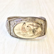 Antique Sterling Silver Chinese Carved Horn Bracelet | Hinged Filagree Bracelet | Scrimshaw Bracelet | Filagree Silver | Asian Jewelry |