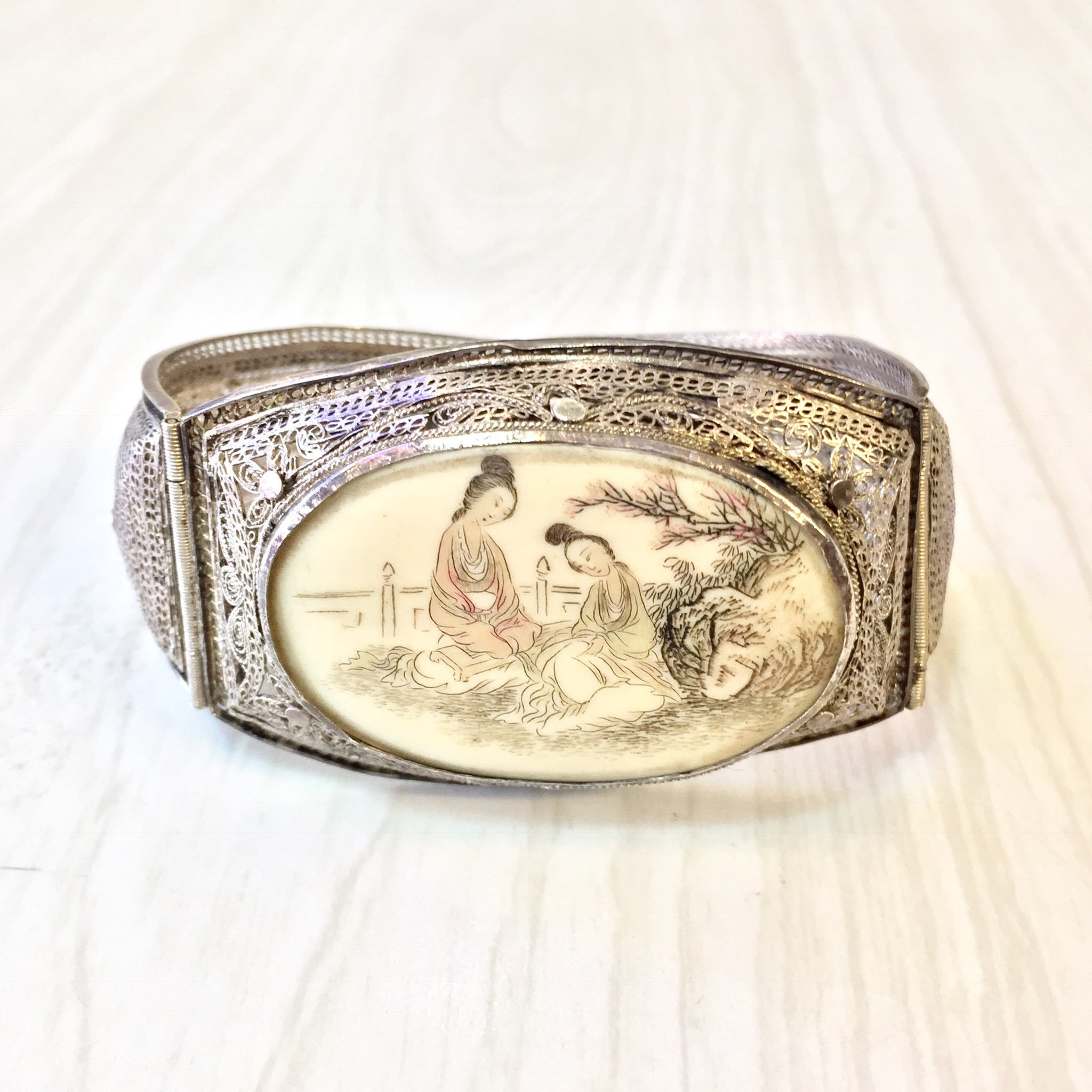 Antique Sterling Silver Chinese Carved Horn Bracelet | Hinged Filagree Bracelet | Scrimshaw Bracelet | Filagree Silver | Asian Jewelry |