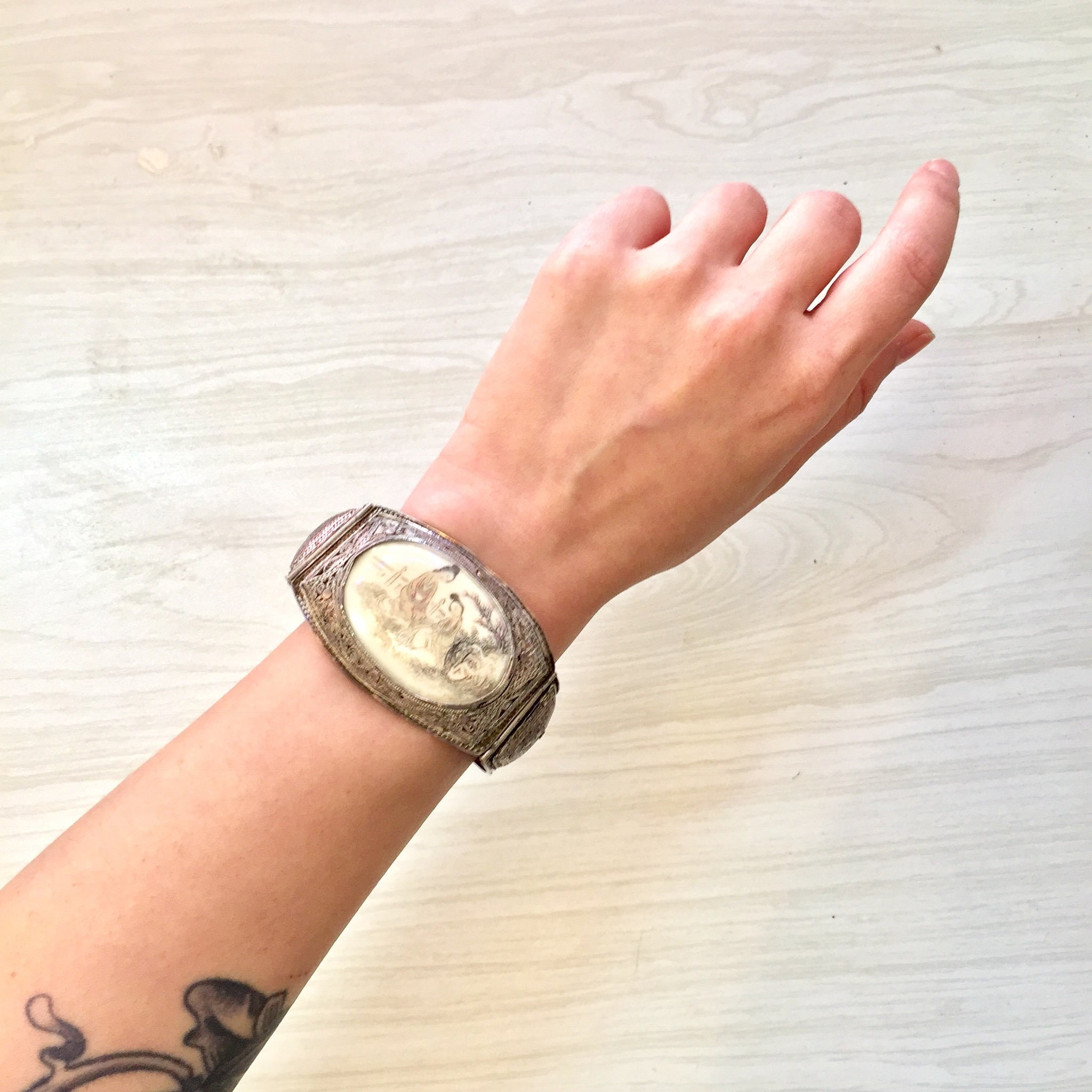 Antique Sterling Silver Chinese Carved Horn Bracelet | Hinged Filagree Bracelet | Scrimshaw Bracelet | Filagree Silver | Asian Jewelry |