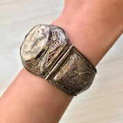 Antique Sterling Silver Chinese Carved Horn Bracelet | Hinged Filagree Bracelet | Scrimshaw Bracelet | Filagree Silver | Asian Jewelry |