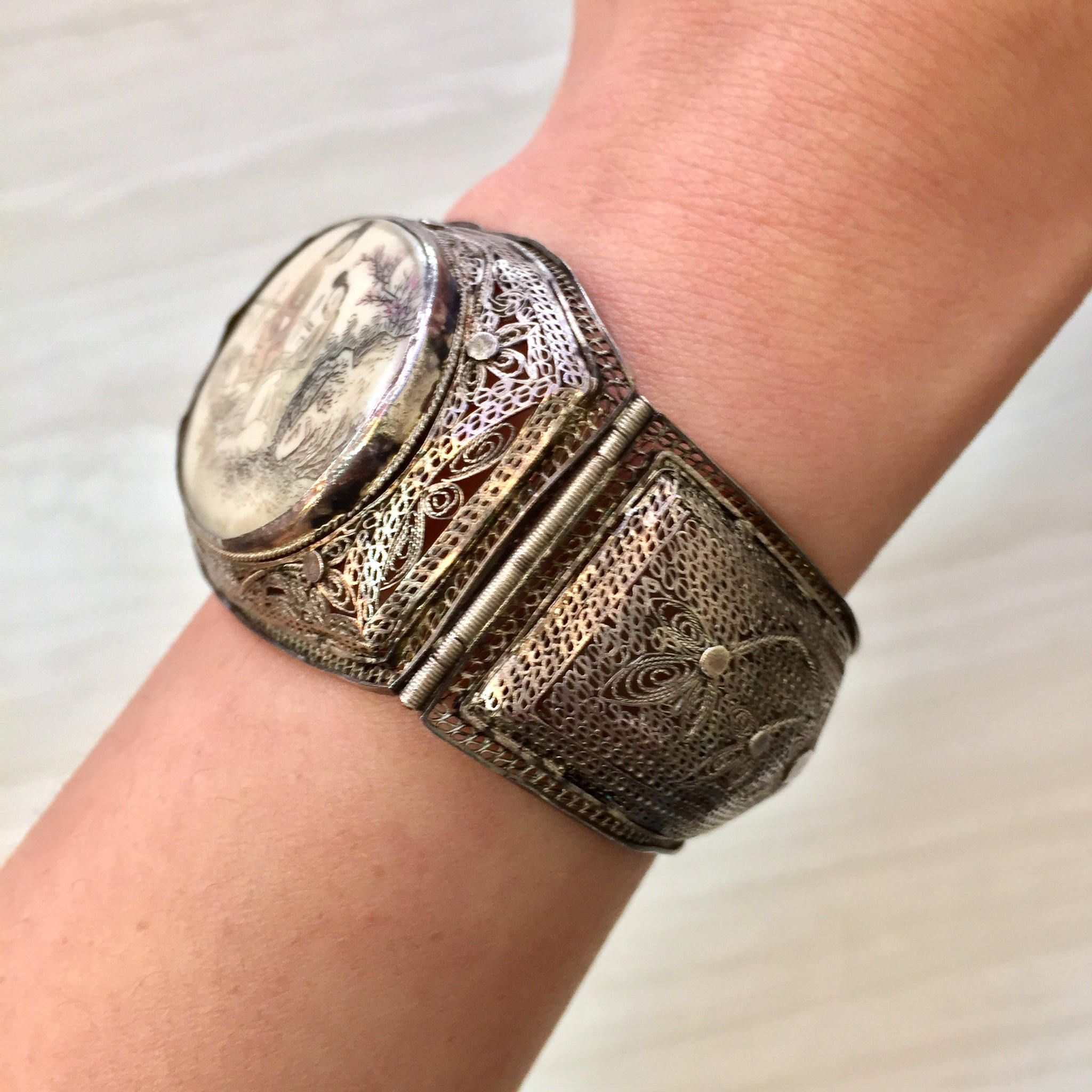 Antique Sterling Silver Chinese Carved Horn Bracelet | Hinged Filagree Bracelet | Scrimshaw Bracelet | Filagree Silver | Asian Jewelry |