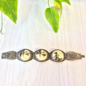 Antique Sterling Silver Filagree Bracelet with Carved Horn | Scrimshaw Bracelet | Hinged Bracelet | Chinese Jewelry | Floral Design | Birds