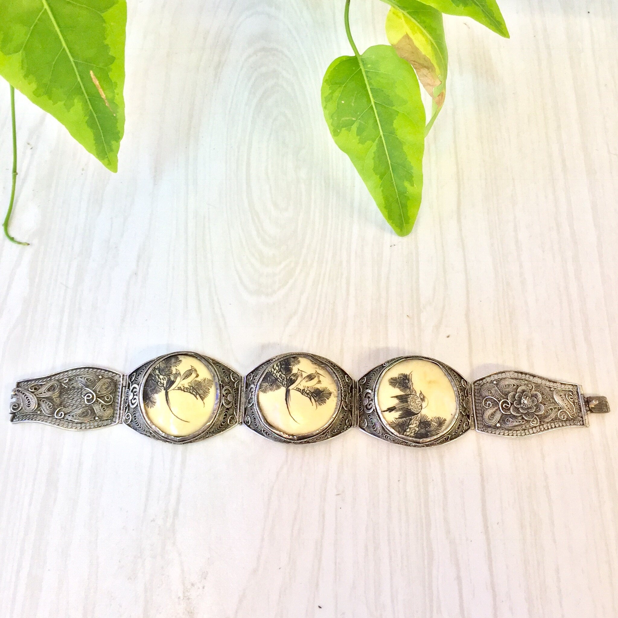 Antique Sterling Silver Filagree Bracelet with Carved Horn | Scrimshaw Bracelet | Hinged Bracelet | Chinese Jewelry | Floral Design | Birds