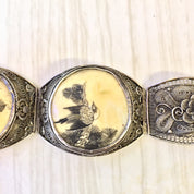 Antique Sterling Silver Filagree Bracelet with Carved Horn | Scrimshaw Bracelet | Hinged Bracelet | Chinese Jewelry | Floral Design | Birds