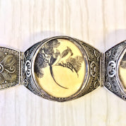 Antique Sterling Silver Filagree Bracelet with Carved Horn | Scrimshaw Bracelet | Hinged Bracelet | Chinese Jewelry | Floral Design | Birds