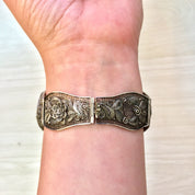 Antique Sterling Silver Filagree Bracelet with Carved Horn | Scrimshaw Bracelet | Hinged Bracelet | Chinese Jewelry | Floral Design | Birds