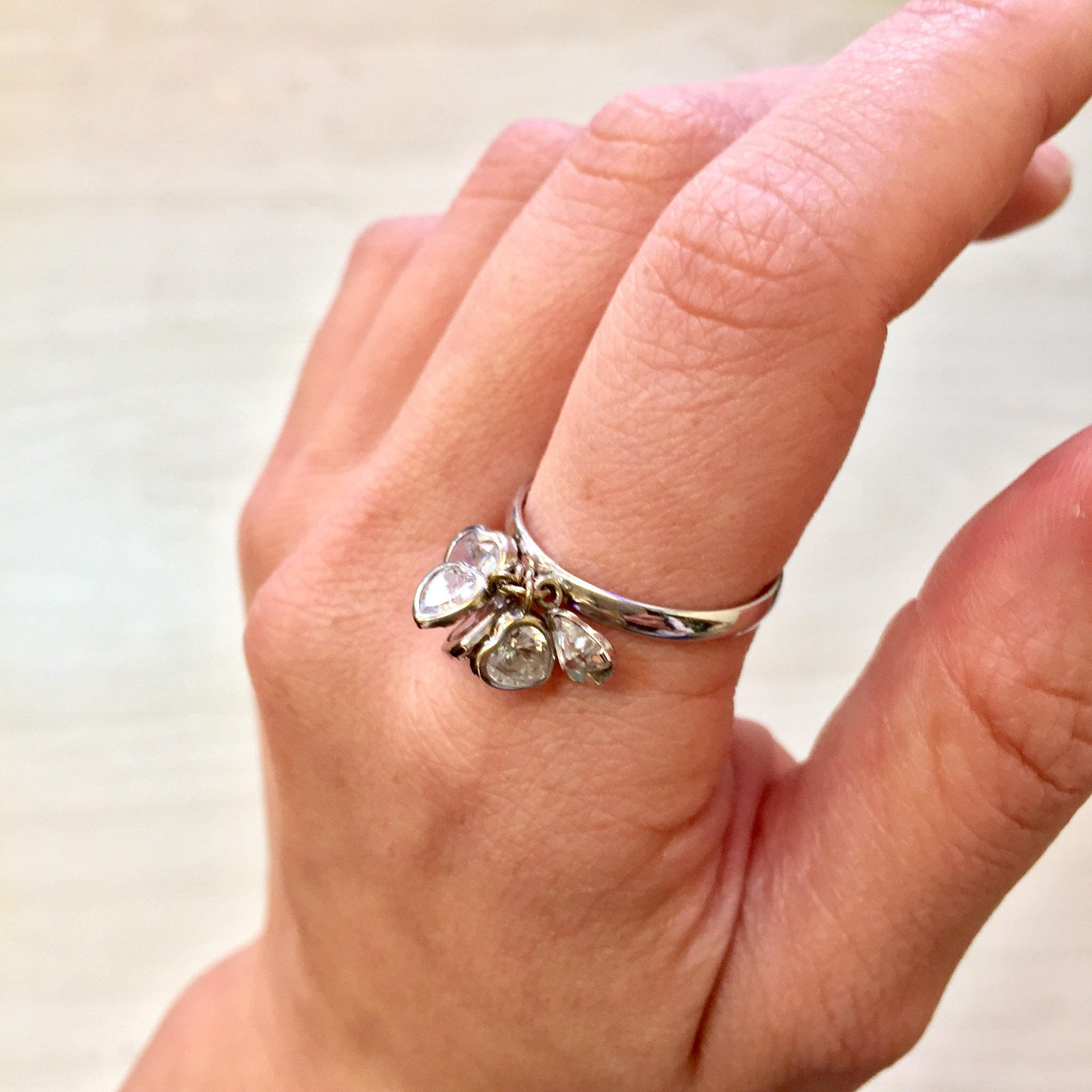 14 Karat White Gold and Cubic Zirconia Heart Ring | Dangling Heart Ring | 14K Gold | White Gold | Hearts | Holiday Gift Idea | Gift for Her