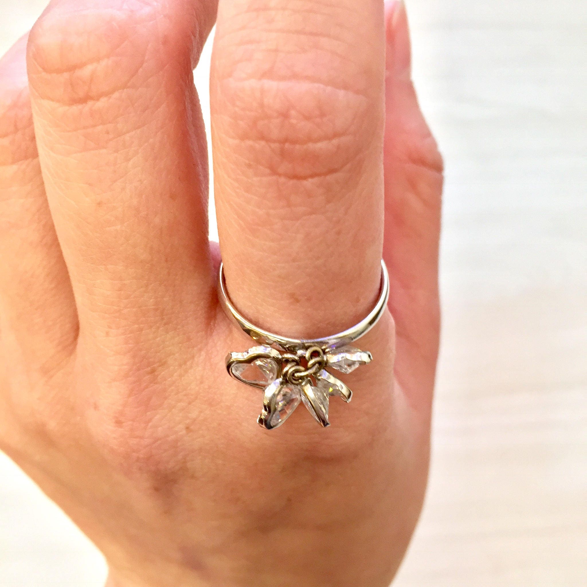14 Karat White Gold and Cubic Zirconia Heart Ring | Dangling Heart Ring | 14K Gold | White Gold | Hearts | Holiday Gift Idea | Gift for Her