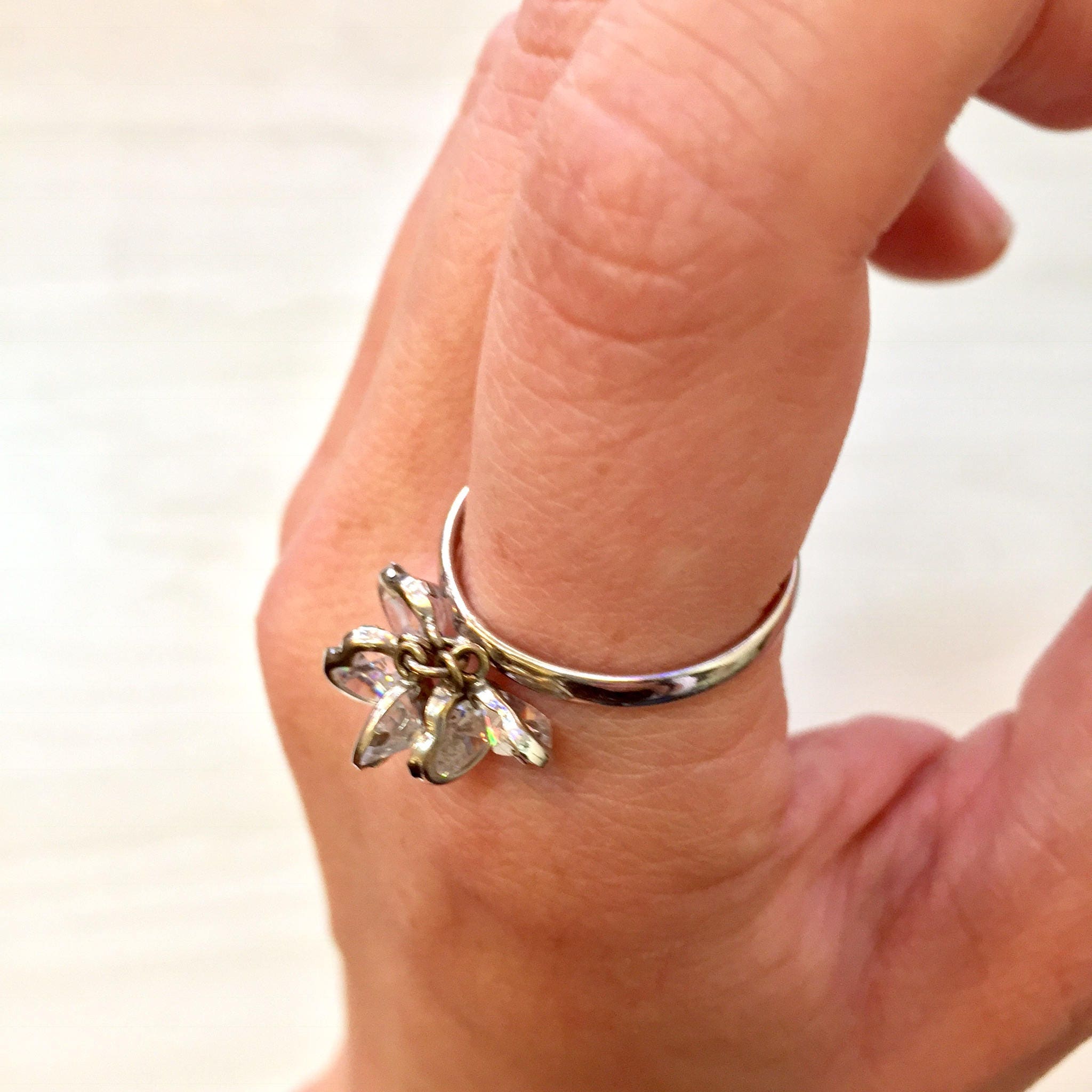 14 Karat White Gold and Cubic Zirconia Heart Ring | Dangling Heart Ring | 14K Gold | White Gold | Hearts | Holiday Gift Idea | Gift for Her