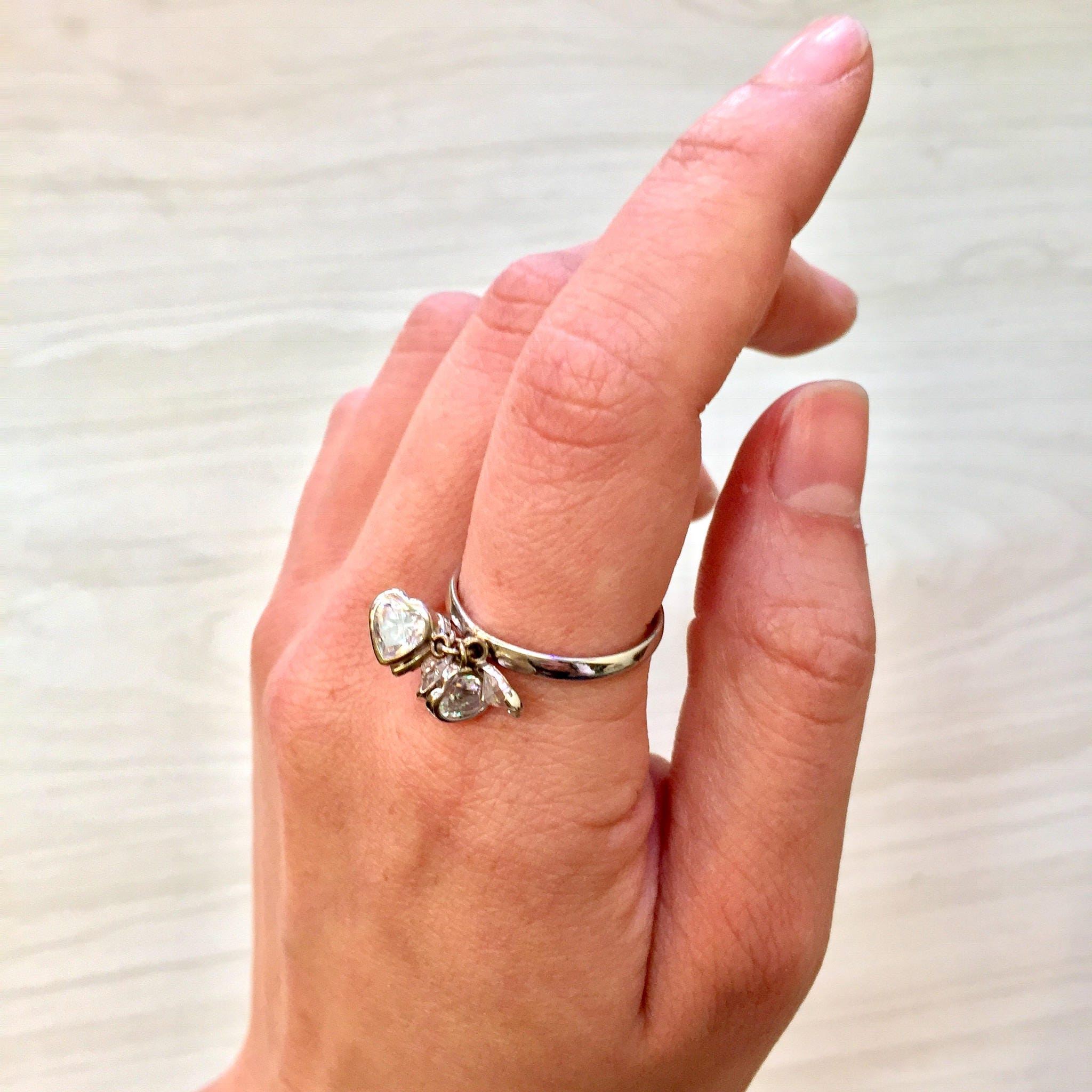 14 Karat White Gold and Cubic Zirconia Heart Ring | Dangling Heart Ring | 14K Gold | White Gold | Hearts | Holiday Gift Idea | Gift for Her