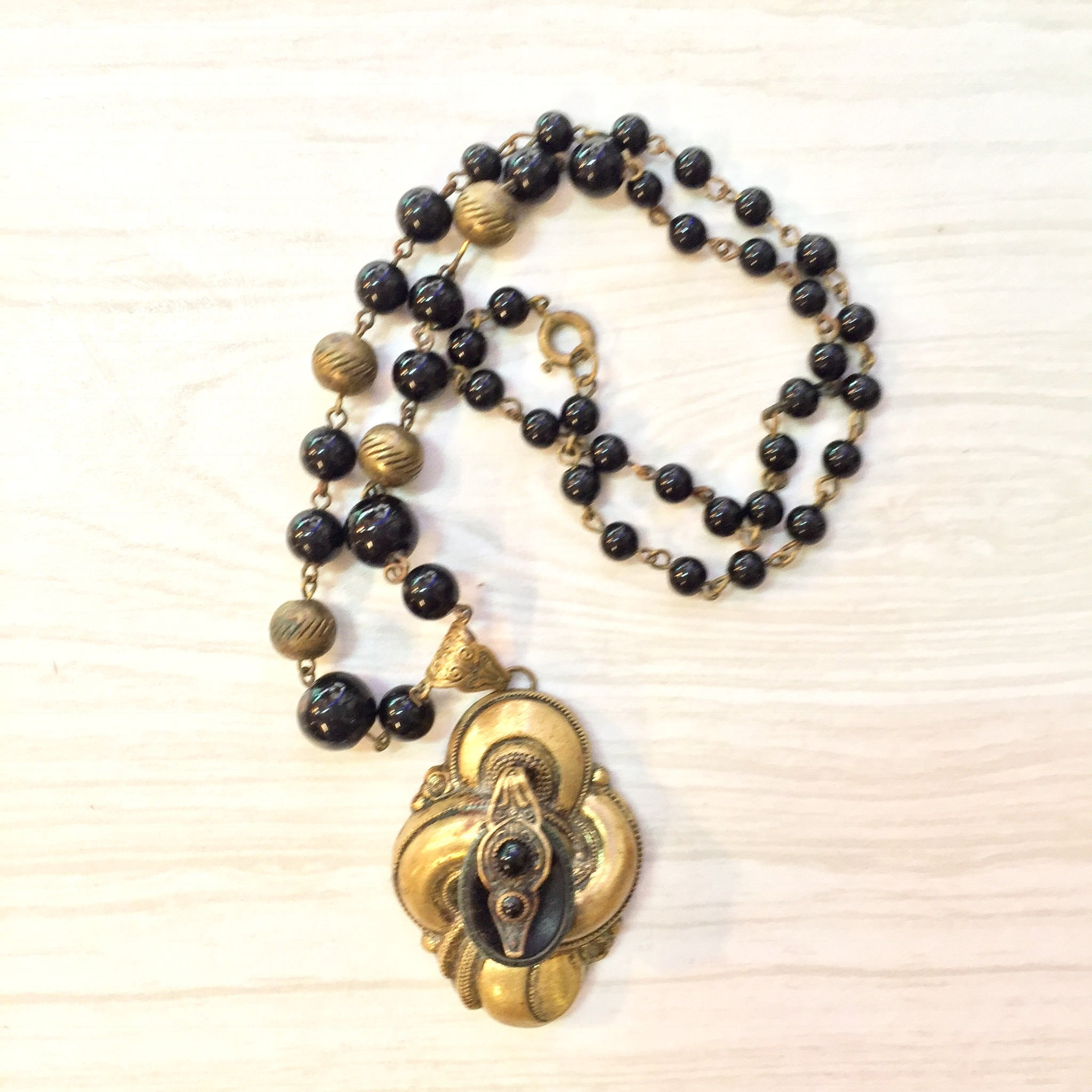 Victorian Art Deco Necklace | Vintage Jewelry | Black Beaded Necklace | Brass Beads | Antique Jewelry | Necklace | Statement Jewelry | Gift