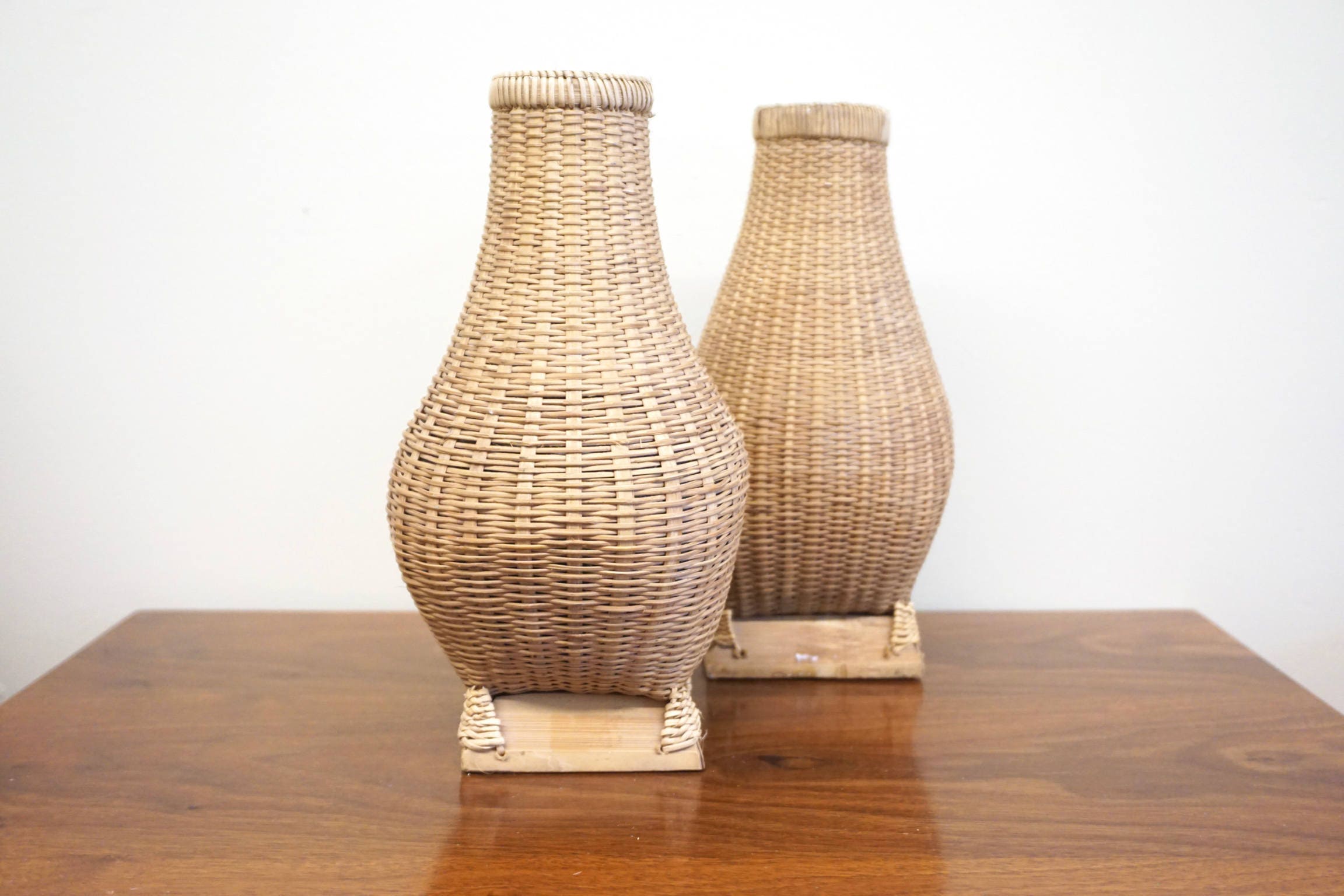 Pair of Two Rattan Wrapped Vases | Ceramic Vases Wrapped in Rattan | Rattan Home Decor | Bohemian Home Decor | Boho Home |Rattan Vase |Weave