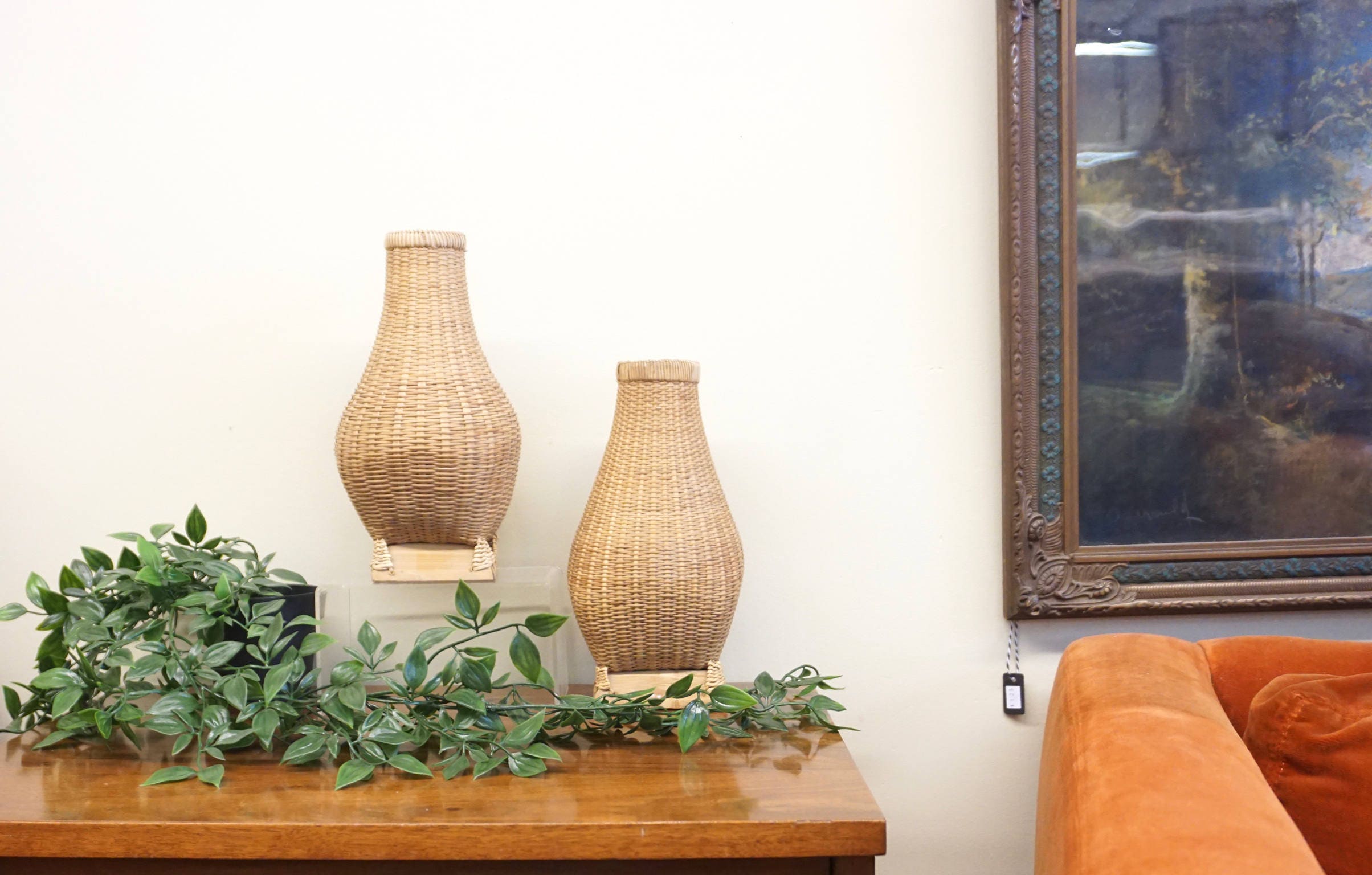 Pair of Two Rattan Wrapped Vases | Ceramic Vases Wrapped in Rattan | Rattan Home Decor | Bohemian Home Decor | Boho Home |Rattan Vase |Weave