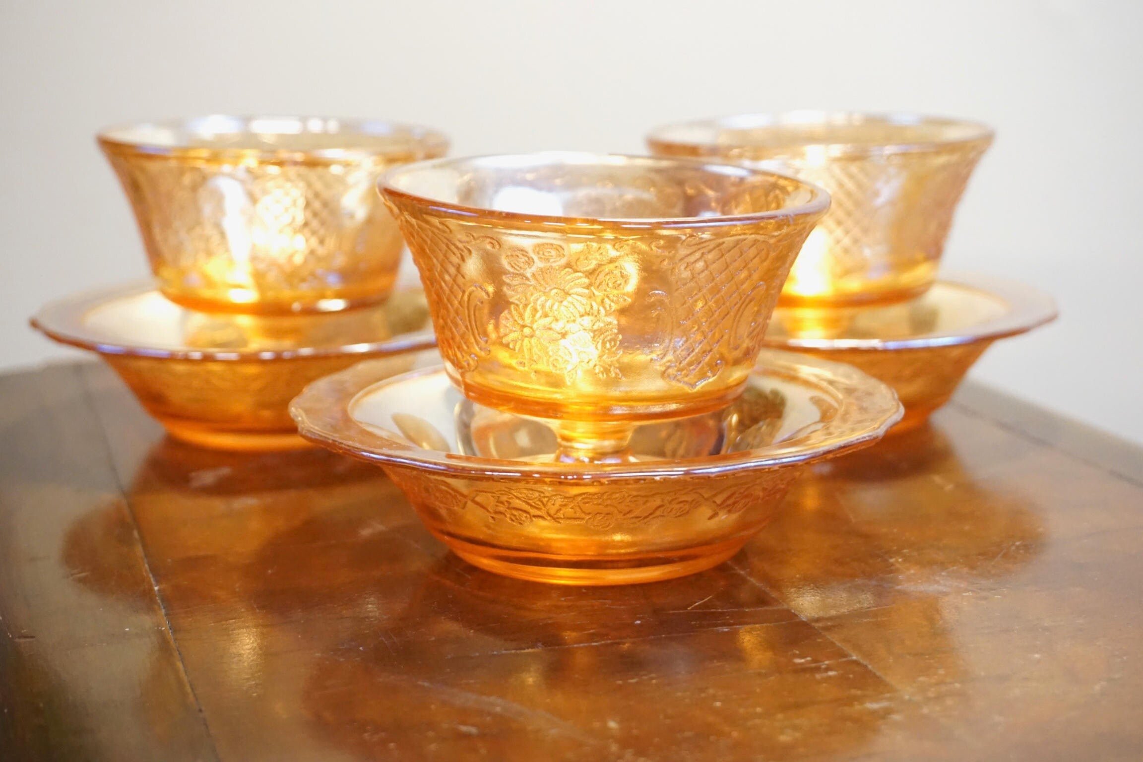 Set of Three Opalescent Carnival Glass Dishes | Orange Carnival Glass | Iridescent Orange Glass | Dessert Dish | Glass with Bowl |